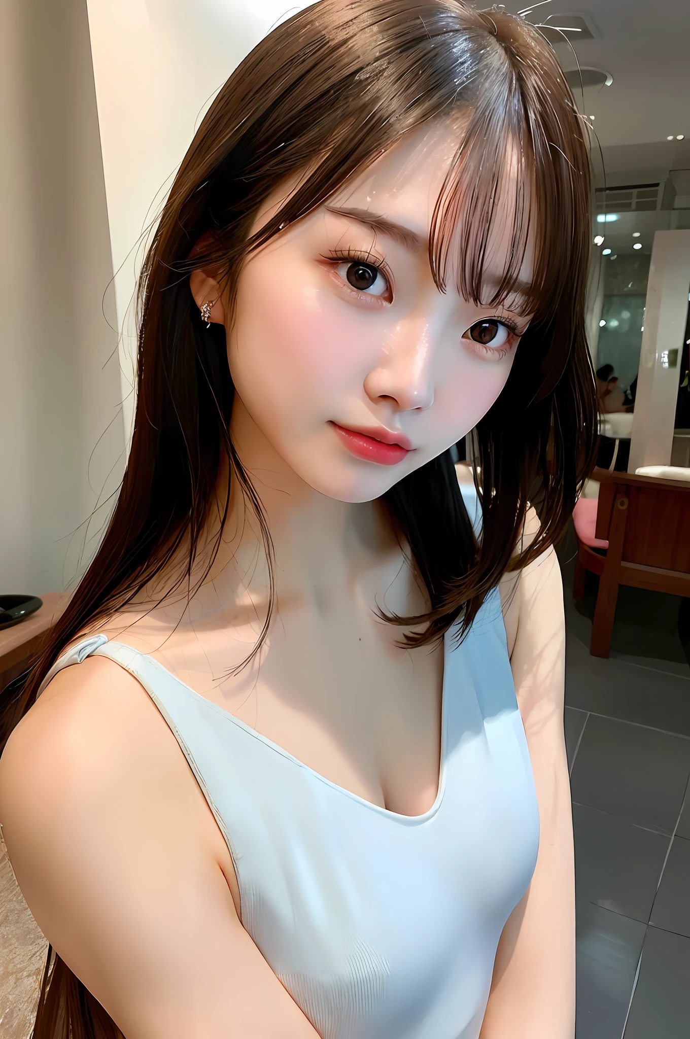 Gentle and attractive Chinese beautiful woman, half body photo, delicate and sexy collarbone, attractive oval face, double eyelids, smart peach blossom eyes, pink lips, small upturned nose, bare shoulders, concentrated face, face close-up, ultra high definition, wearing light blue swimsuit, whole body, sea