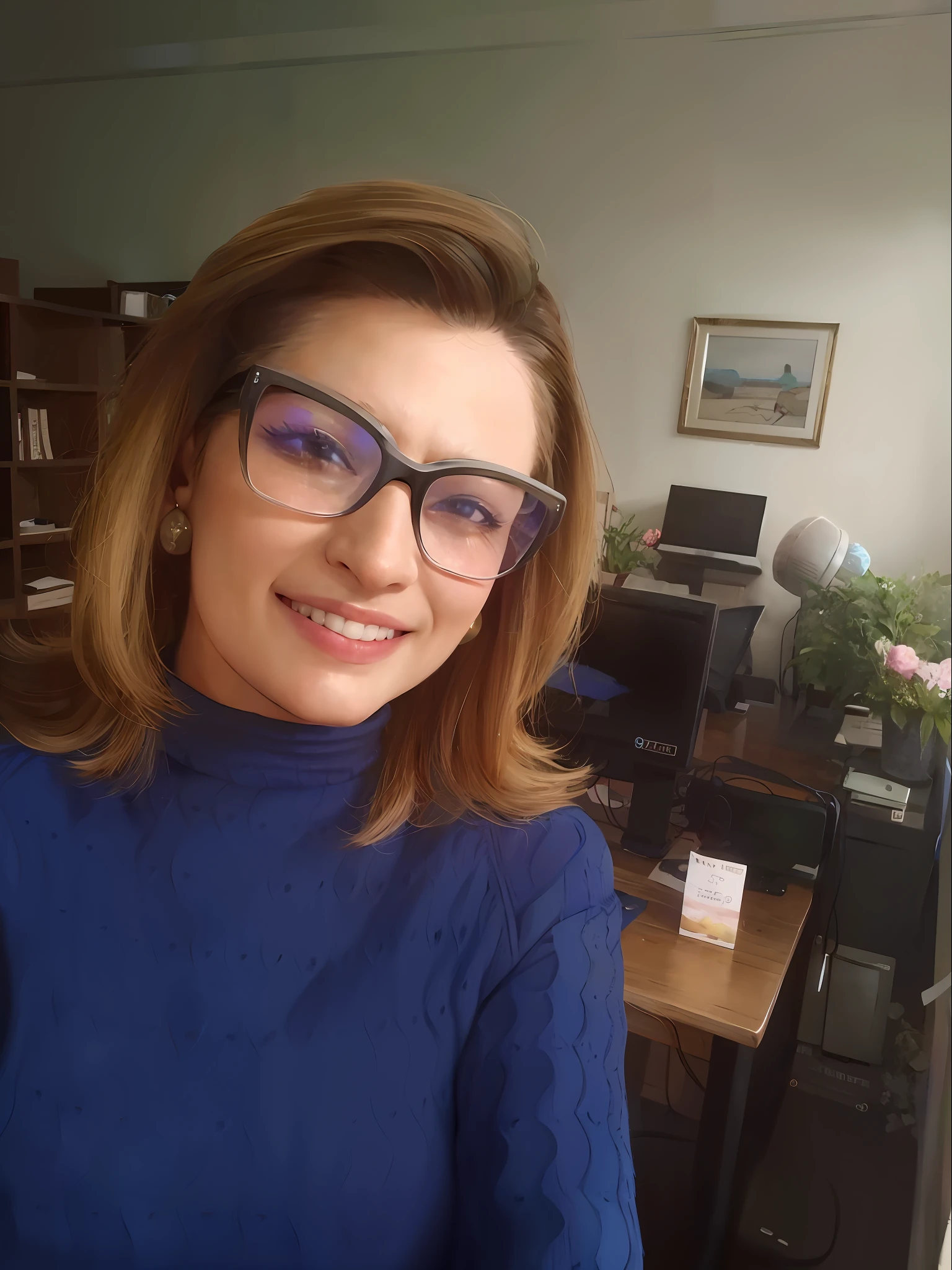 smiling woman in blue sweater and glasses in front of computer desk, estefania villegas burgos, photo of džesika devic, mina petrovic, ewa juszkiewicz, magdalena radziej, valentina remenar, moleksandra shchaslyva, magalie villeneuve, niele toroni, ekaterina