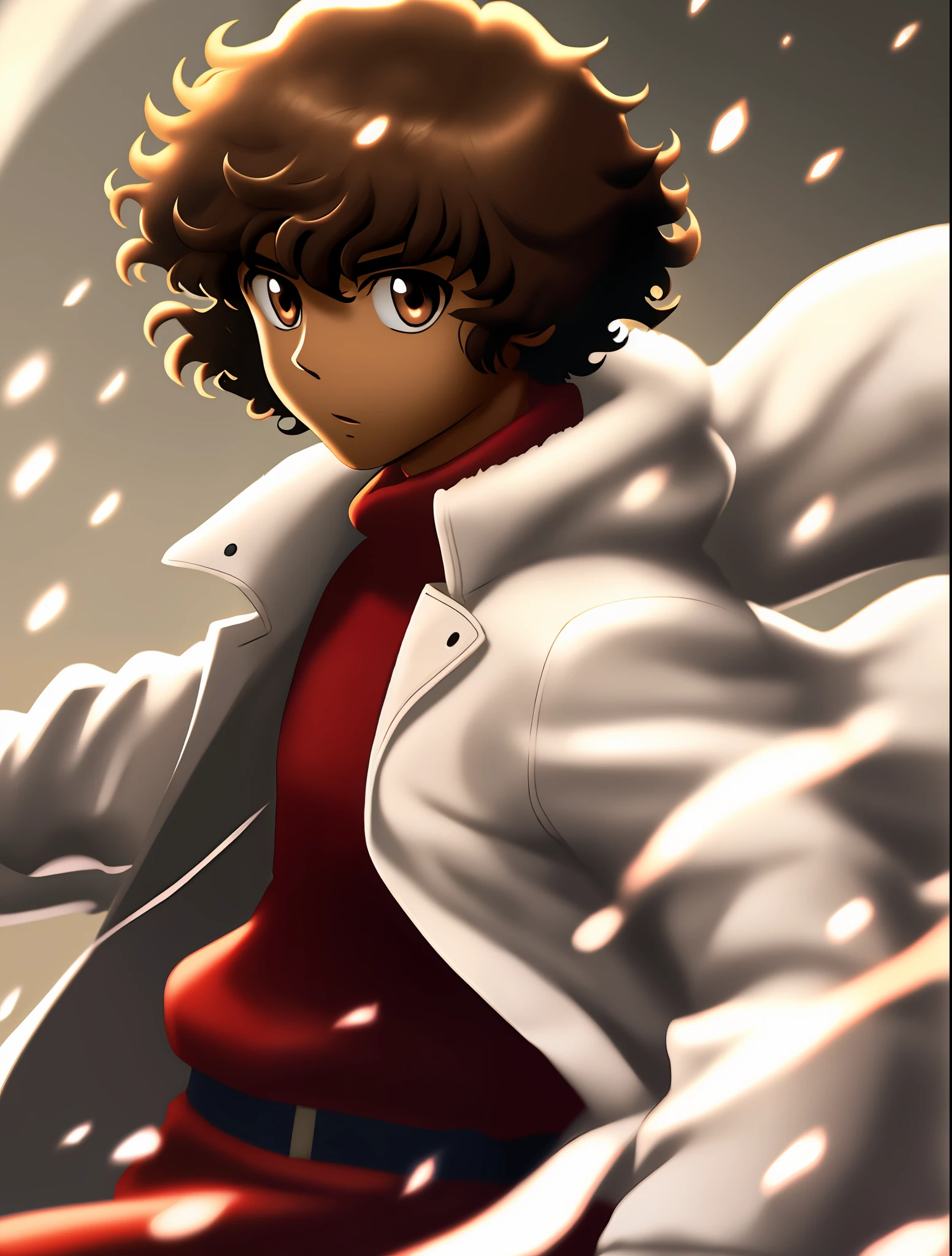 Man, brown skin, short curly hair, light brown eyes, white coat, anime