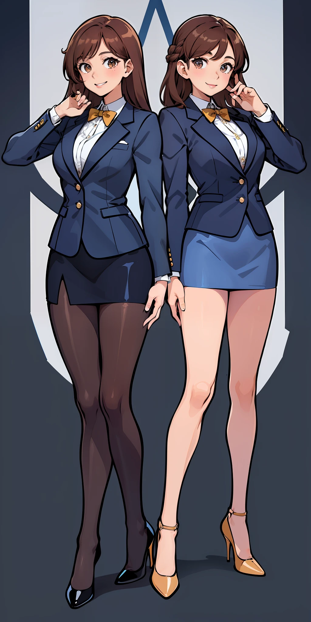 Woman, brown hair, wavy hair, hazel eyes, extremely detailed, smile, dark blue blazer, white blouse, dark blue knee length pencil skirt, exposed legs, black high heels, full body shot, same pose, matching outfits, identical outfits, twin sisters