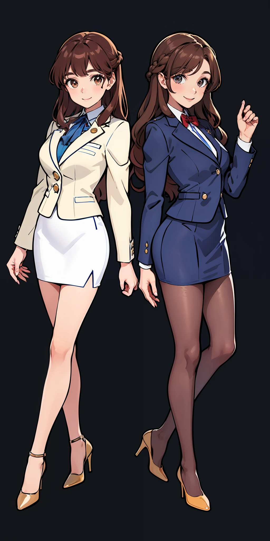 Woman, brown hair, wavy hair, hazel eyes, extremely detailed, smile, dark blue blazer, white blouse, dark blue knee length pencil skirt, exposed legs, black high heels, full body shot, same pose, matching outfits, identical outfits, twin sisters