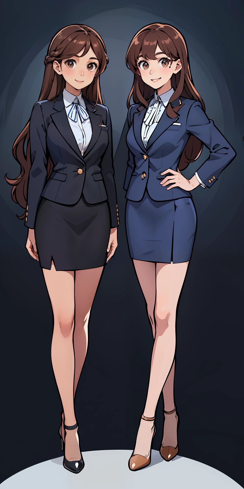 Woman, brown hair, wavy hair, hazel eyes, extremely detailed, smile, dark blue blazer, white blouse, dark blue knee length pencil skirt, exposed legs, black high heels, full body shot, same pose, matching outfits, identical outfits, twin sisters