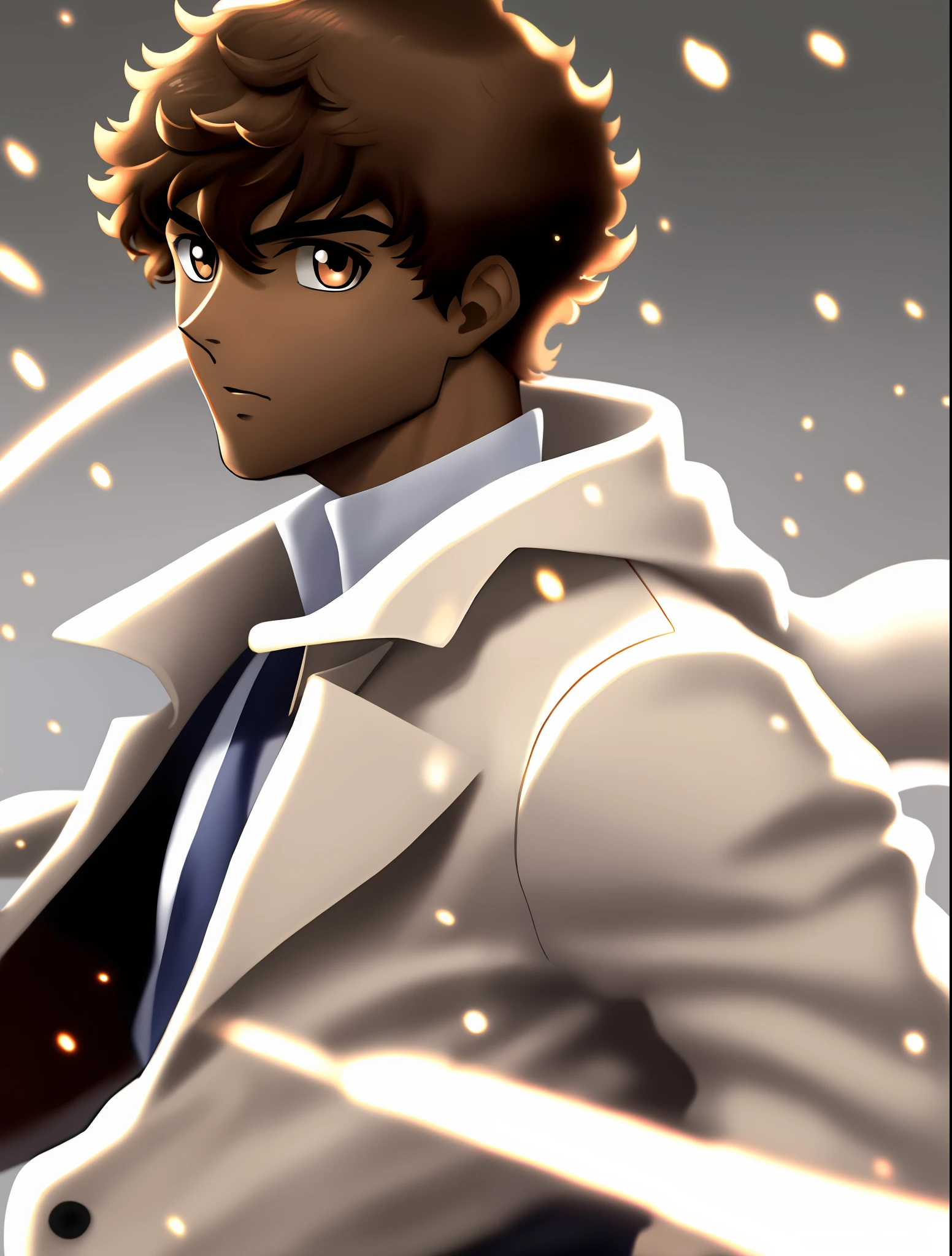 Man, brown skin, short curly hair, shaved side, light brown eyes, white coat, anime