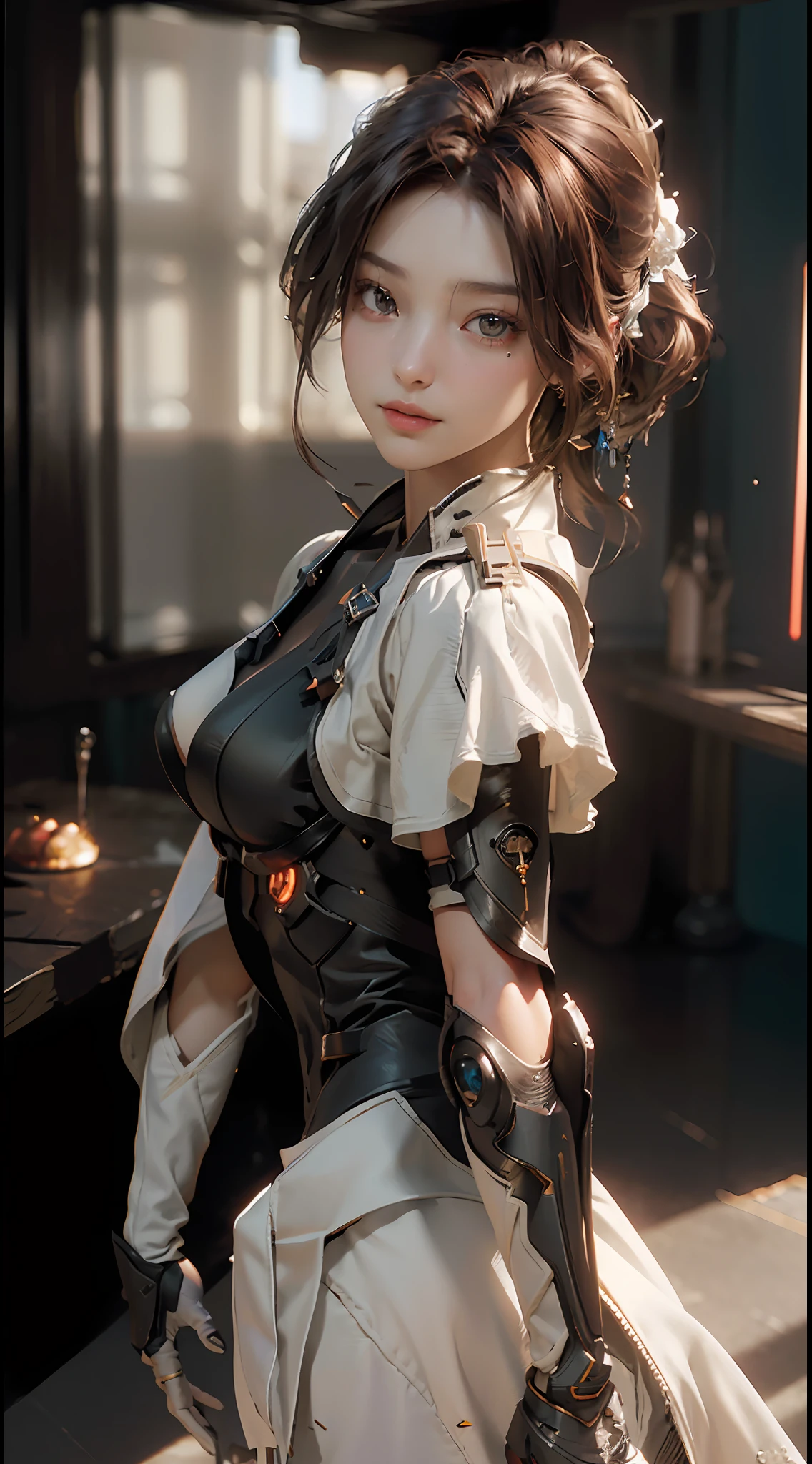((Best Quality)), (Masterpiece)), (Details: 1.4), 3D, Beautiful Cyberpunk Woman Image, Brown Hair, Brown Eyes, Dynamic Pose, Dynamic Angle, HDR (High Dynamic Range), Ray Tracing, NVIDIA RTX, Super Resolution, Unreal 5, Subsurface Scattering, PBR Texturing, Post-Processing, Anisotropic Filtering, Depth of Field, Maximum Clarity and Sharpness, Multilayer Textures, Albedo and Specular Maps, Surface Shading, Accurate Simulation of Light-Material Interactions, Perfect Proportions, Octane Rendering, Two-Tone Lighting, Wide Aperture, Low ISO, White Balance, Rule of Thirds, 8K RAW,