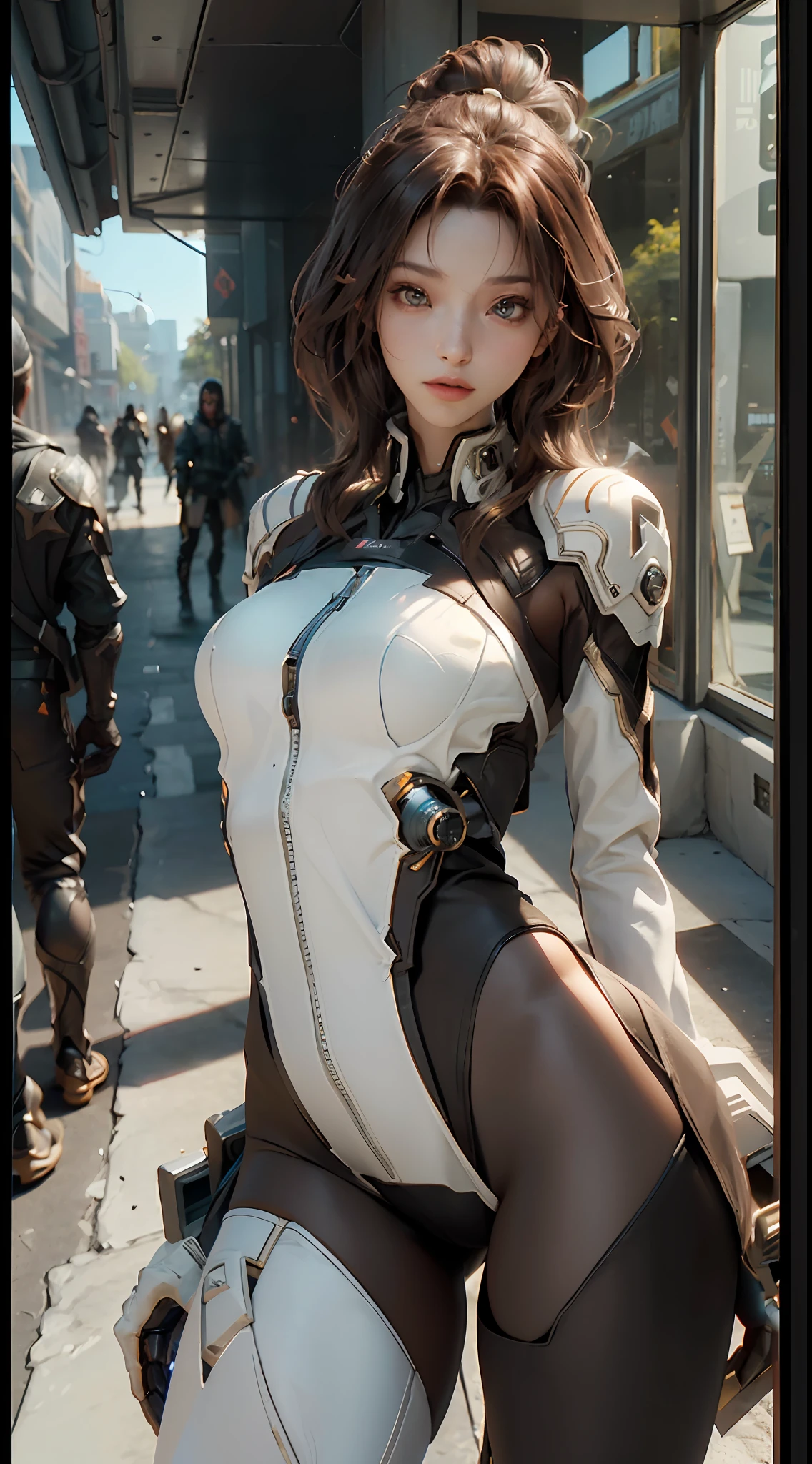 ((Best Quality)), (Masterpiece)), (Details: 1.4), 3D, Beautiful Cyberpunk Woman Image, Brown Hair, Brown Eyes, Dynamic Pose, Dynamic Angle, HDR (High Dynamic Range), Ray Tracing, NVIDIA RTX, Super Resolution, Unreal 5, Subsurface Scattering, PBR Texturing, Post-Processing, Anisotropic Filtering, Depth of Field, Maximum Clarity and Sharpness, Multilayer Textures, Albedo and Specular Maps, Surface Shading, Accurate Simulation of Light-Material Interactions, Perfect Proportions, Octane Rendering, Two-Tone Lighting, Wide Aperture, Low ISO, White Balance, Rule of Thirds, 8K RAW,