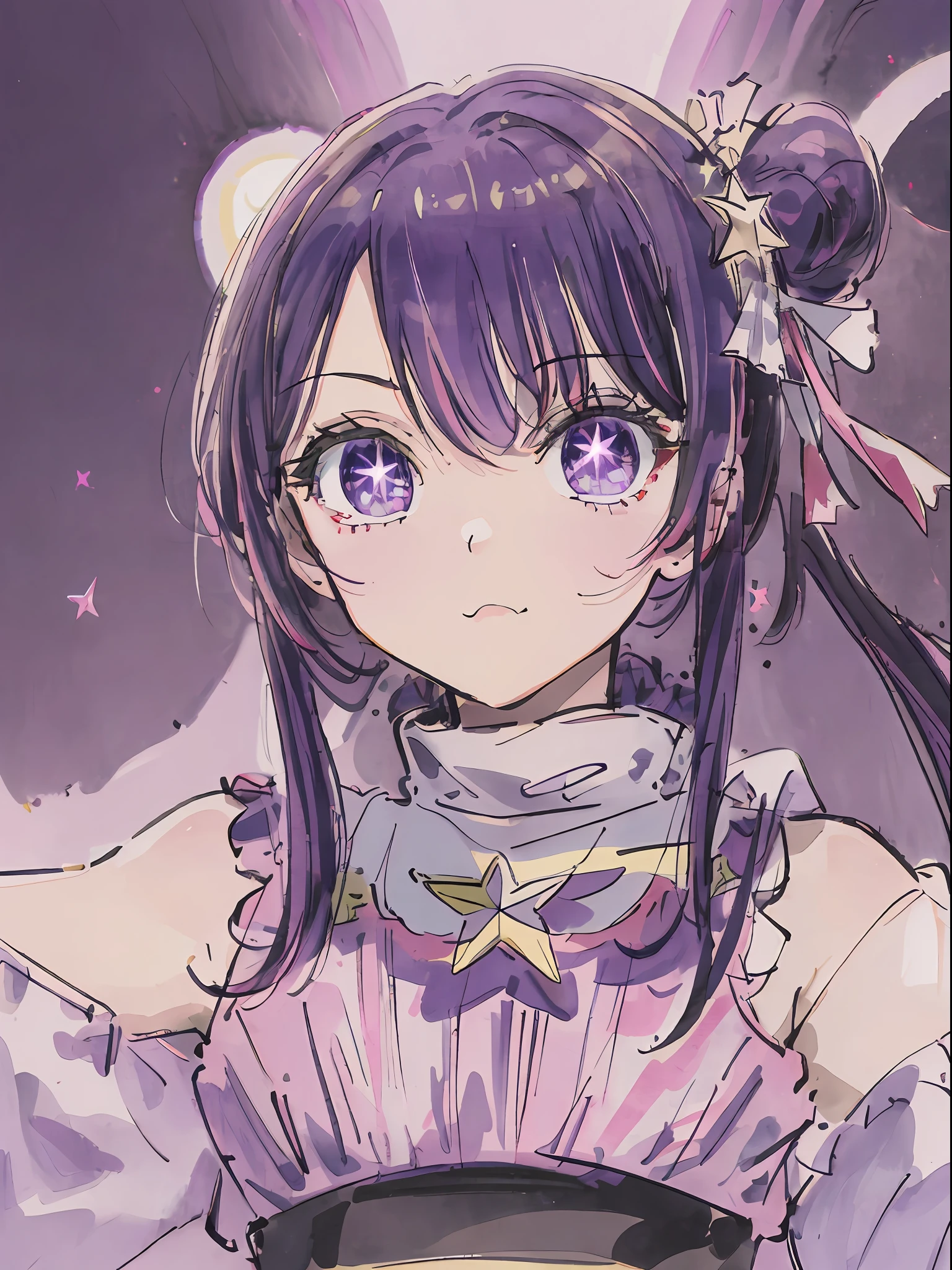 1girl, solo ,idol outfit, bangs, happy ,posing , multicolored hair, (masterpiece:1.2), highres, best quality, 8k, white background, purple hair, star eye pupils, pink eyes , mouth open