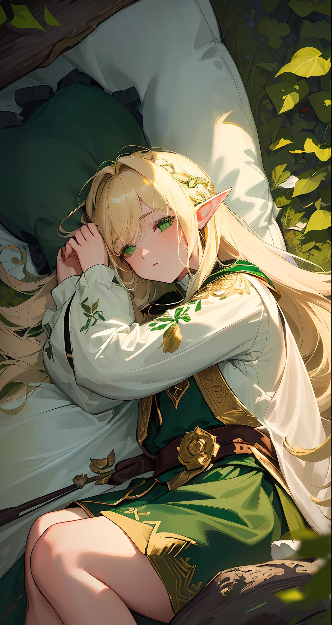 (((Masterpiece, highest quality, high definition, high detail)))), (((Night)))), ((Forest)))), Night Scene, Moonlight, One, Elf Woman, White Short Skirt Embroidered with Gold, Blonde Long Straight Hair, Dark Green Eyes, Gold Embroidered Green Surcoat, ((Close Eyes)), (Lying sideways on the ground), Sleep, Big, Side View