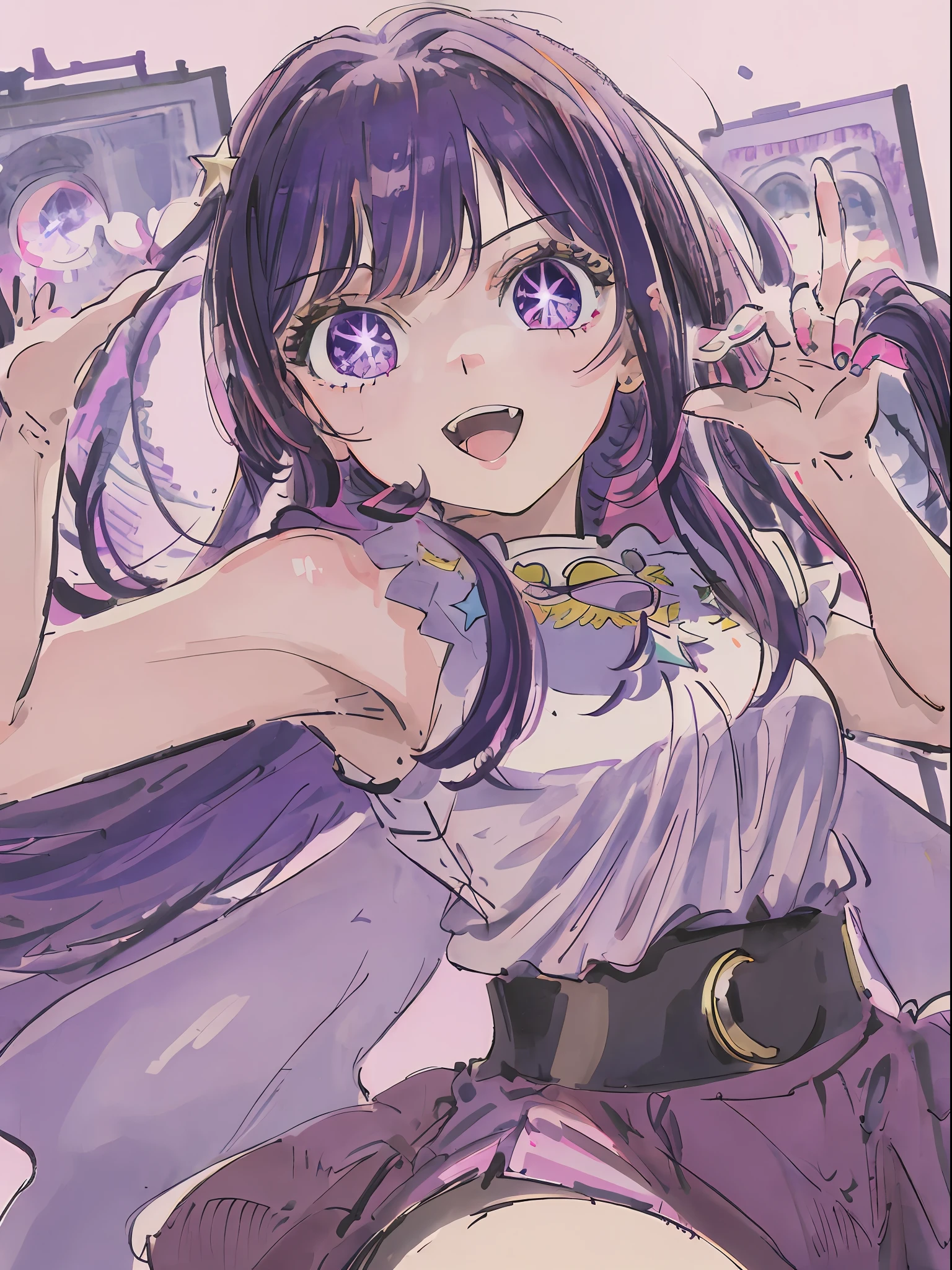 1girl, solo ,idol outfit, bangs, happy ,posing , multicolored hair, (masterpiece:1.2), highres, best quality, 8k, white background, purple hair, star eye pupils, pink eyes , mouth open