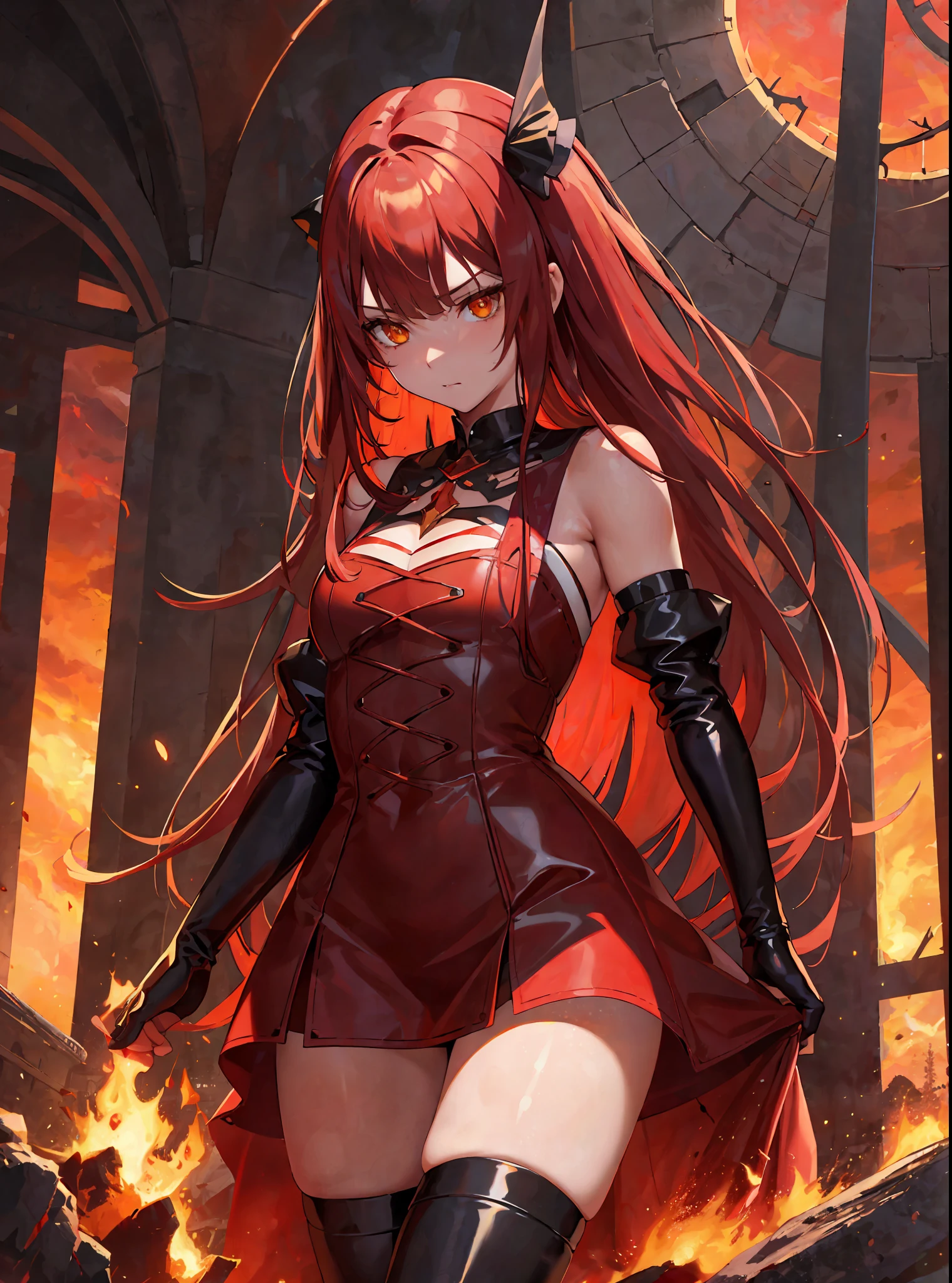 (masterpiece, best quality) an adult woman with very long red hair, close, crown, short red latex dress, black bows, long stockings, black boots, bare arms, gloves, torn clothes, queen, yellow eyes, serious, blood, emotionless, red sky, burning black forests, straight bangs, red long hair, evil, (yellow eyes), ruins of gothic architecture, fire burning in the sky, Setting sun, medium chest, head-to-waist portrait, cinematics, color oil painting, cinematic lighting, extremely detailed face, finely detailed face, beautiful face, beautiful eyes, perfect lighting, depth of field, realistic proportions, good anatomy,