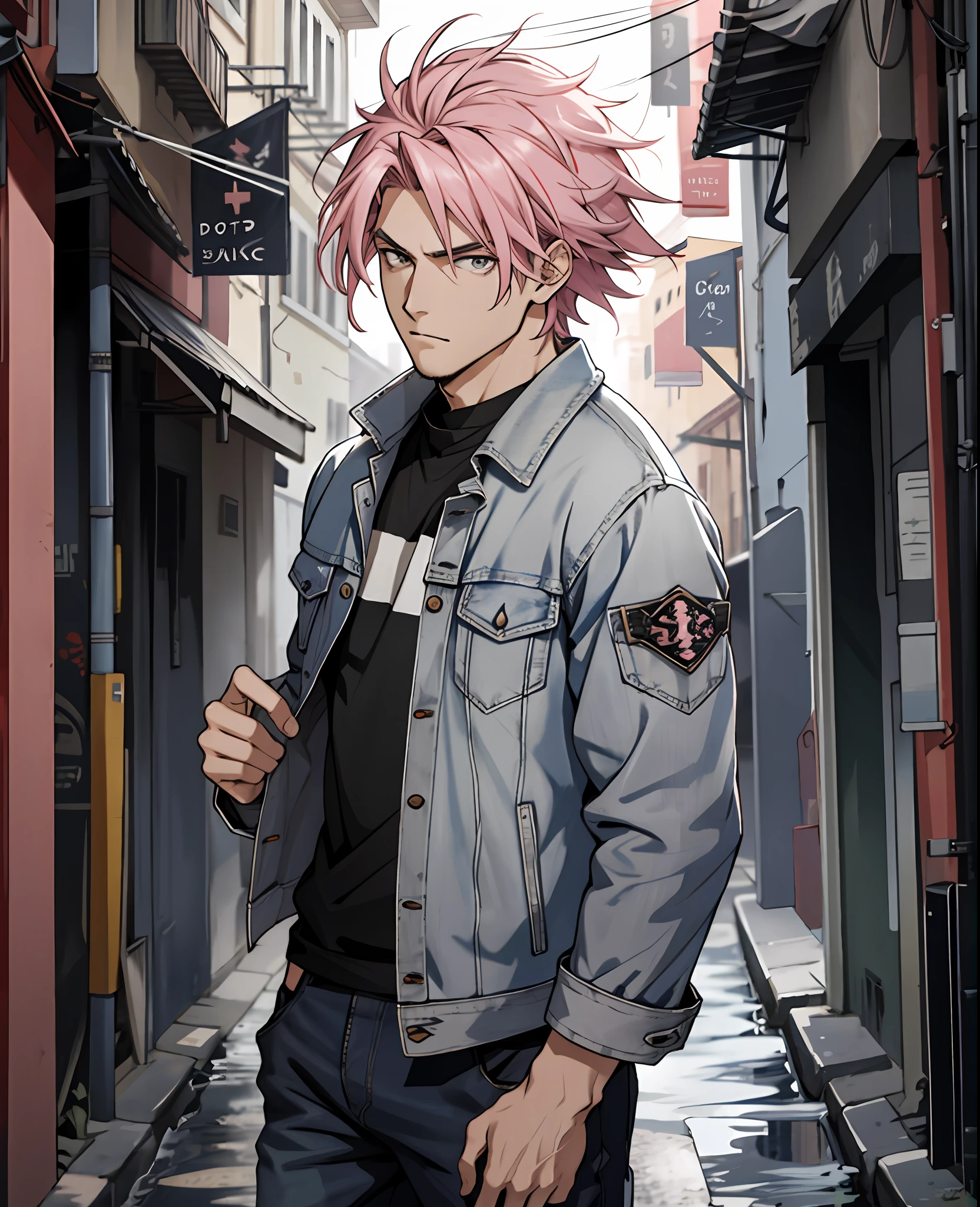 tall, strong, pink hair, denim jacket, gray eyes, dark streets, rock