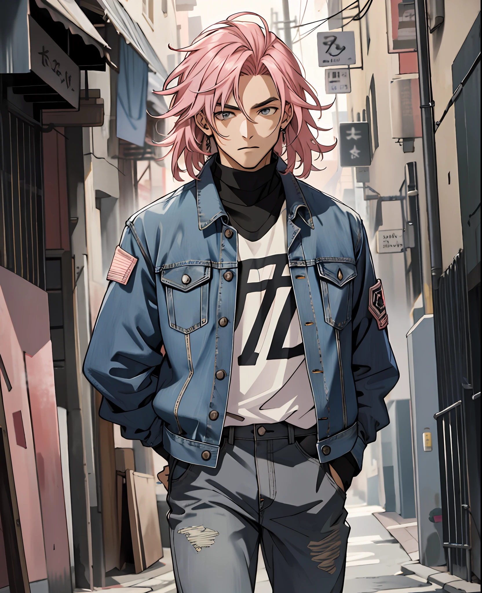 tall, strong, pink hair, denim jacket, gray eyes, dark streets, rock