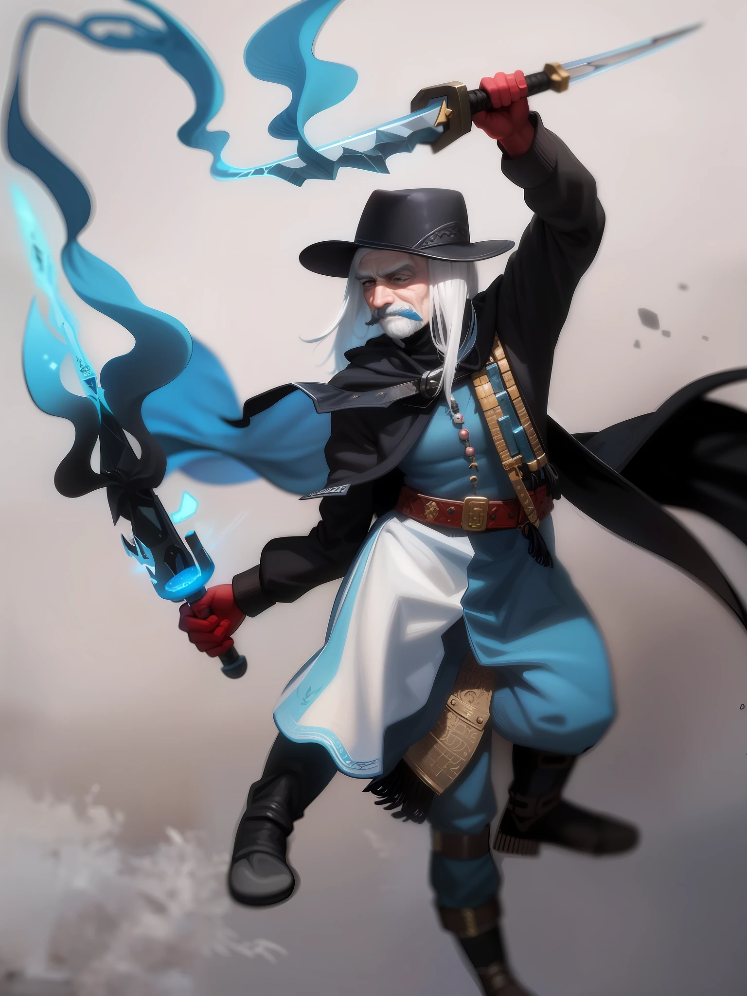 Argentine warrior with typical clothes, gaucho dnd character, dnd fantasy character, semirealistic, conseitual art, blue skin, ice powers, ice magic swords, white hair, white mustache, mustache, mustachioed man, leather clothes, gaucho, Latin features, red scarf. Magic the Gathring style. old badass. master.
