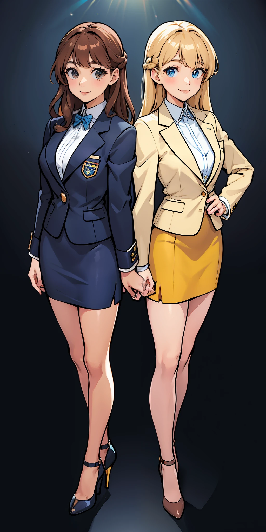 Woman, brown hair, wavy hair, hazel eyes, extremely detailed, smile, dark blue blazer, white blouse, dark blue medium pencil skirt, exposed legs, black high heels, full body shot, matching outfits, identical outfits, twin sisters, blonde hair, different hair colors