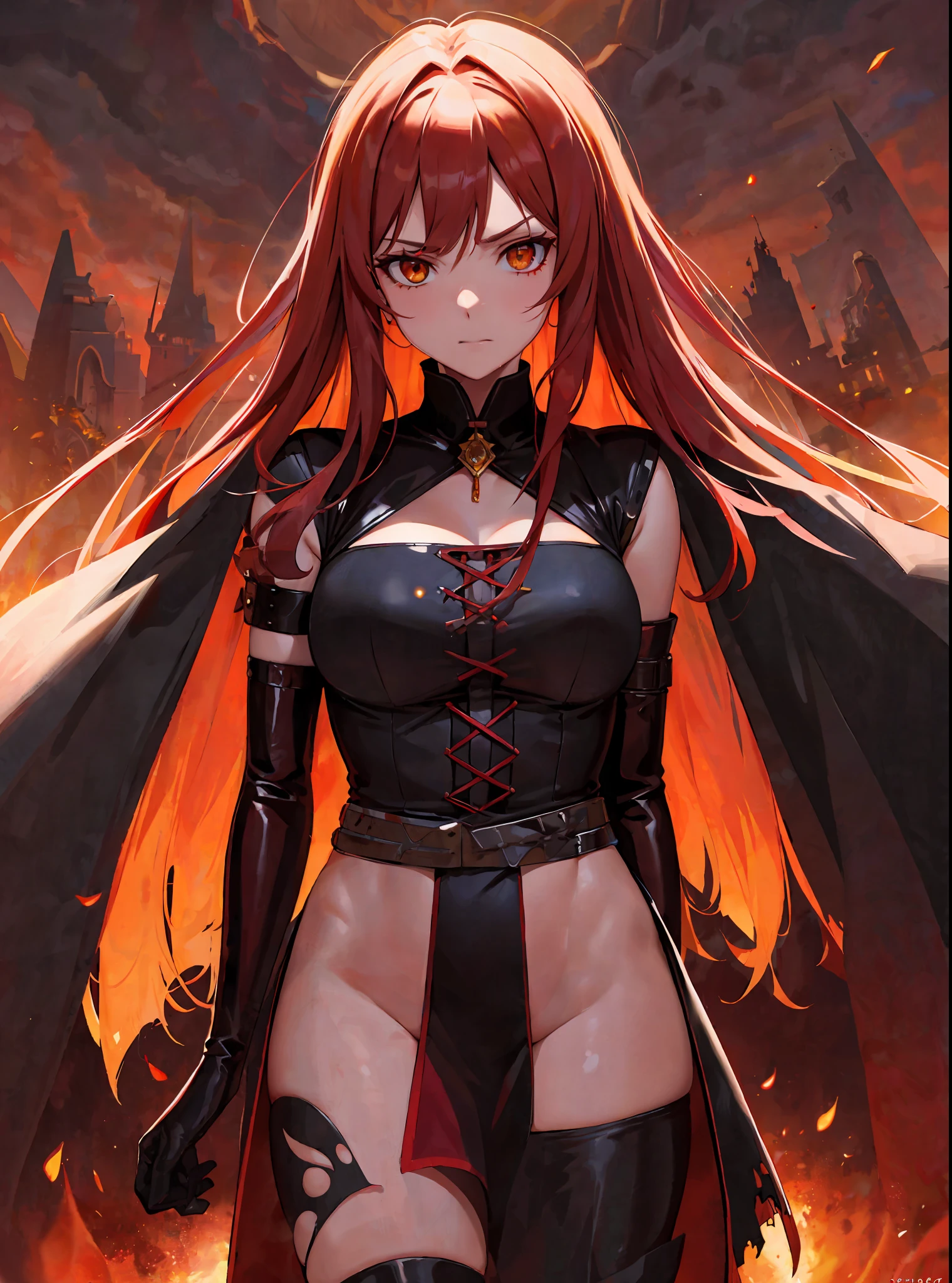 (masterpiece, best quality) an adult woman with very long red hair, close, crown, short red latex dress, black bows, long stockings, black boots, bare arms, gloves, torn clothes, queen, yellow eyes, serious, blood, emotionless, red sky, burning black forests, straight bangs, red long hair, evil, (yellow eyes), ruins of gothic architecture, fire burning in the sky, Setting sun, medium chest, head-to-waist portrait, cinematics, color oil painting, cinematic lighting, extremely detailed face, finely detailed face, beautiful face, beautiful eyes, perfect lighting, depth of field, realistic proportions, good anatomy,