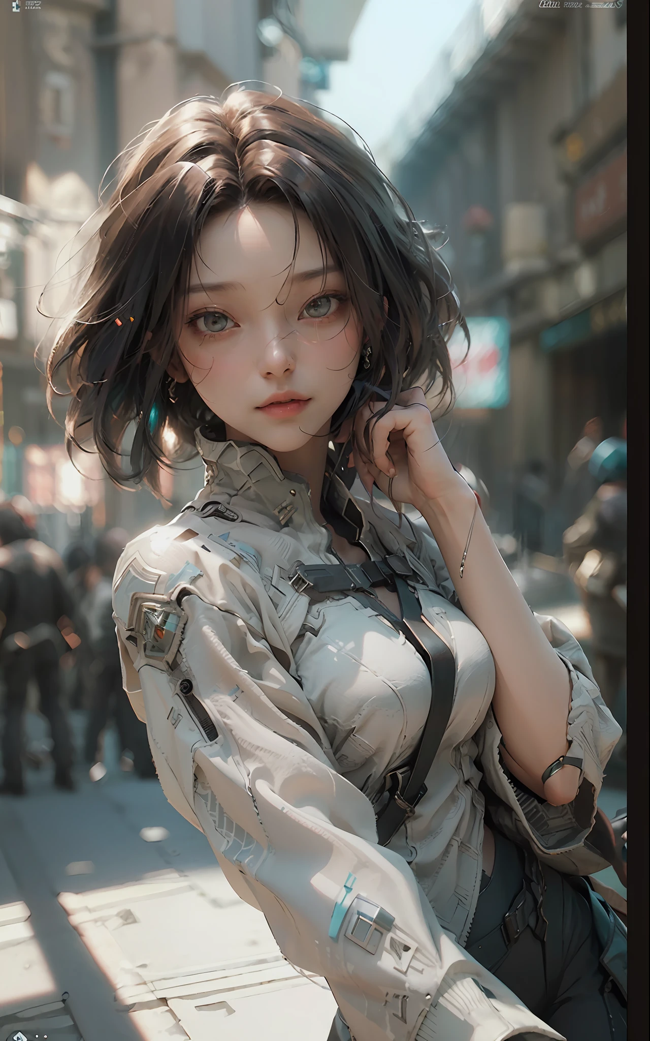 ((Best Quality)), (Masterpiece)), (Details: 1.4), 3D, Beautiful Cyberpunk Woman Image, Brown Hair, Brown Eyes, Dynamic Pose, Dynamic Angle, HDR (High Dynamic Range), Ray Tracing, NVIDIA RTX, Super Resolution, Unreal 5, Subsurface Scattering, PBR Texturing, Post-Processing, Anisotropic Filtering, Depth of Field, Maximum Clarity and Sharpness, Multilayer Textures, Albedo and Specular Maps, Surface Shading, Accurate Simulation of Light-Material Interactions, Perfect Proportions, Octane Rendering, Two-Tone Lighting, Wide Aperture, Low ISO, White Balance, Rule of Thirds, 8K RAW,