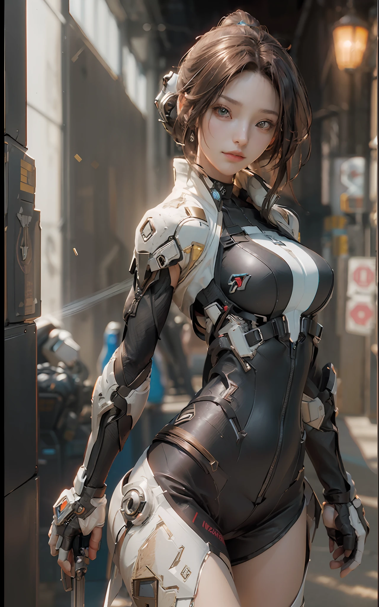 ((Best Quality)), (Masterpiece)), (Details: 1.4), 3D, Beautiful Cyberpunk Woman Image, Brown Hair, Brown Eyes, Dynamic Pose, Dynamic Angle, HDR (High Dynamic Range), Ray Tracing, NVIDIA RTX, Super Resolution, Unreal 5, Subsurface Scattering, PBR Texturing, Post-Processing, Anisotropic Filtering, Depth of Field, Maximum Clarity and Sharpness, Multilayer Textures, Albedo and Specular Maps, Surface Shading, Accurate Simulation of Light-Material Interactions, Perfect Proportions, Octane Rendering, Two-Tone Lighting, Wide Aperture, Low ISO, White Balance, Rule of Thirds, 8K RAW,