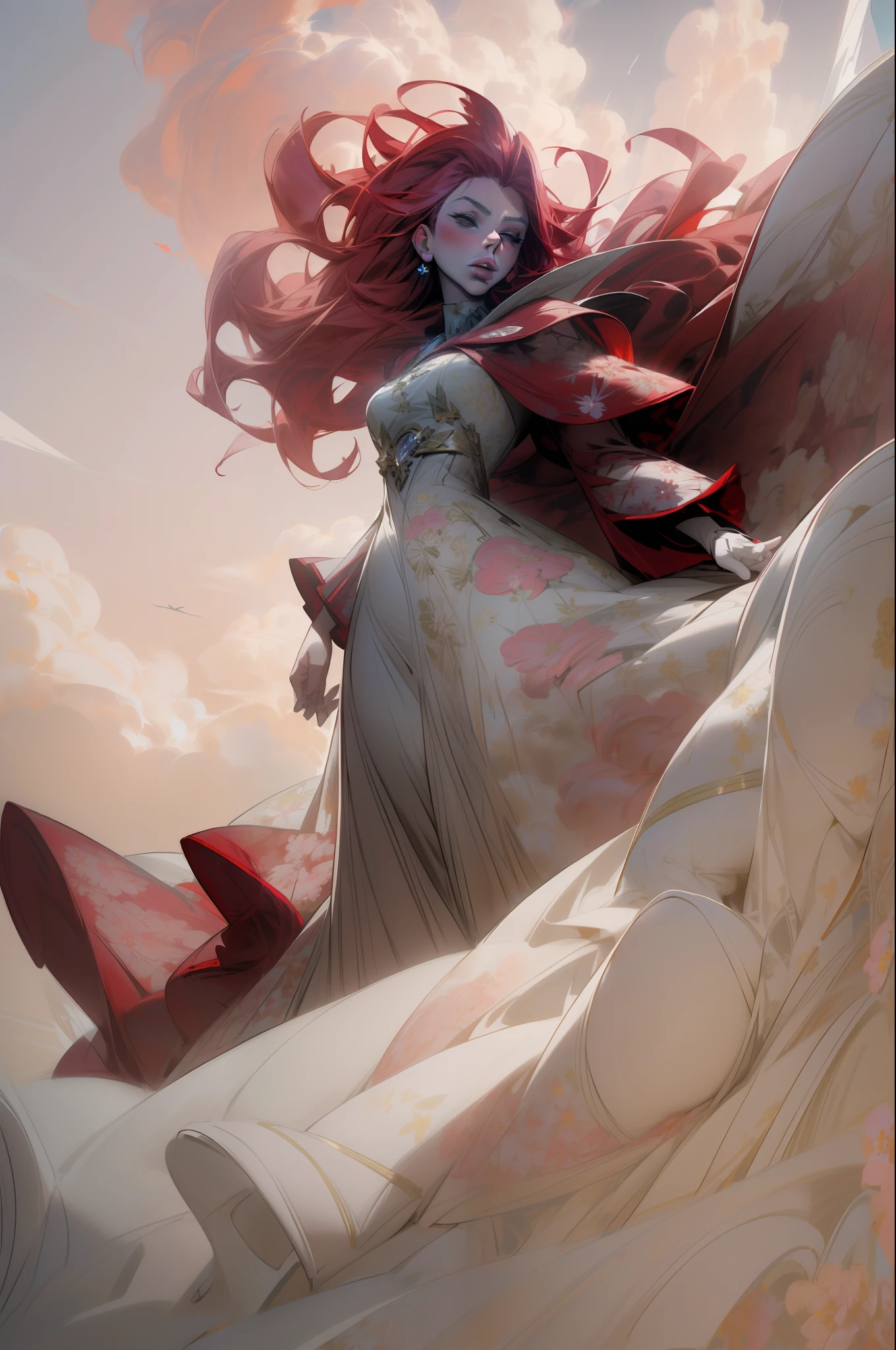 red haired (((scarlett johansson))), wearing a ((magnificent floral ((long dress))) and flying in the sky wifh beautyfull white clouds, high contrast, masterpeace, 8k render