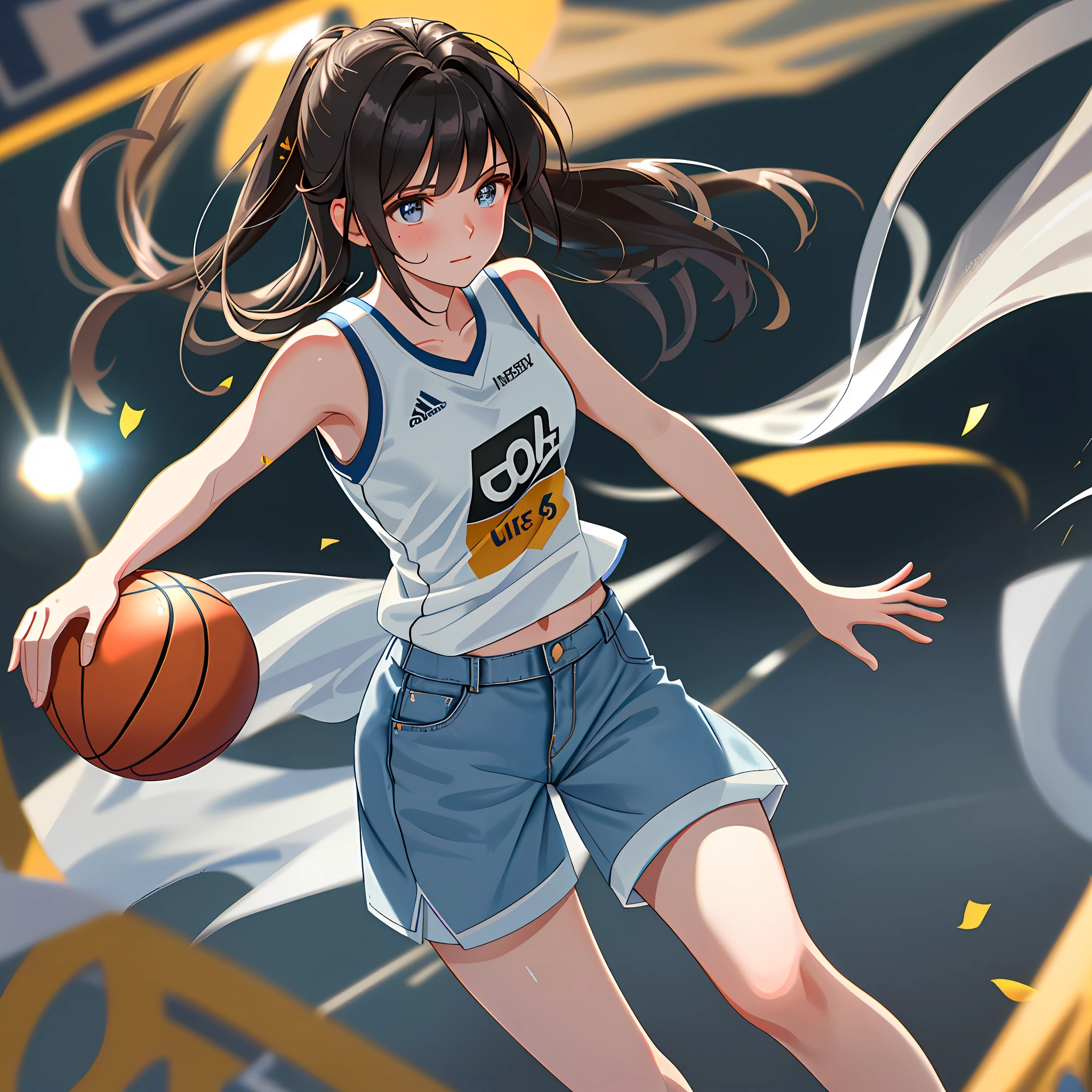 Brunetette, 1 girl, 20 years old, masterpiece: 1.2, best quality), (8k, best quality, masterpiece:1.2), (reality), realistic: 1.37), super detailed, best quality, super high resolution, professional lighting, photon mapping, radioenergy transfer, physically based rendering, cinematic lighting, basketball court, depth of field, clear focus, sunlight, good composition, (bokeh: 1.2) 1 girl, solo, (full body), beautiful detailed eyes, smiley face, pose, narrow waist, medium chest, (sexy transparent tank top - top basketball suit), white sports shorts, white sports t-shirt, brunette hair, messy hair, long hair fluttering in the wind, (ulzzang-6500:1.2), playing basketball, wearing basketball uniform, sweating, young beauty, long legs, nice eyes, middle breasts, sweat-soaked clothes, white basketball suit, basketball uniform top, basketball suit shorts, basketball shoes, brunette hair, bangs, faint smile, shyness, blush, sheer, minimalism, anime, backlight, backlight, backlight, ray tracing, f/1.8, 85mm, canon, denim shoot, denim shoot, denim shoot, 8k, super detail, UHD, retina, masterpiece, ccurate, 8k, best quality, high resolution, high quality, high detail, super detail, textured skin, masterpiece, UHD, ccurate
