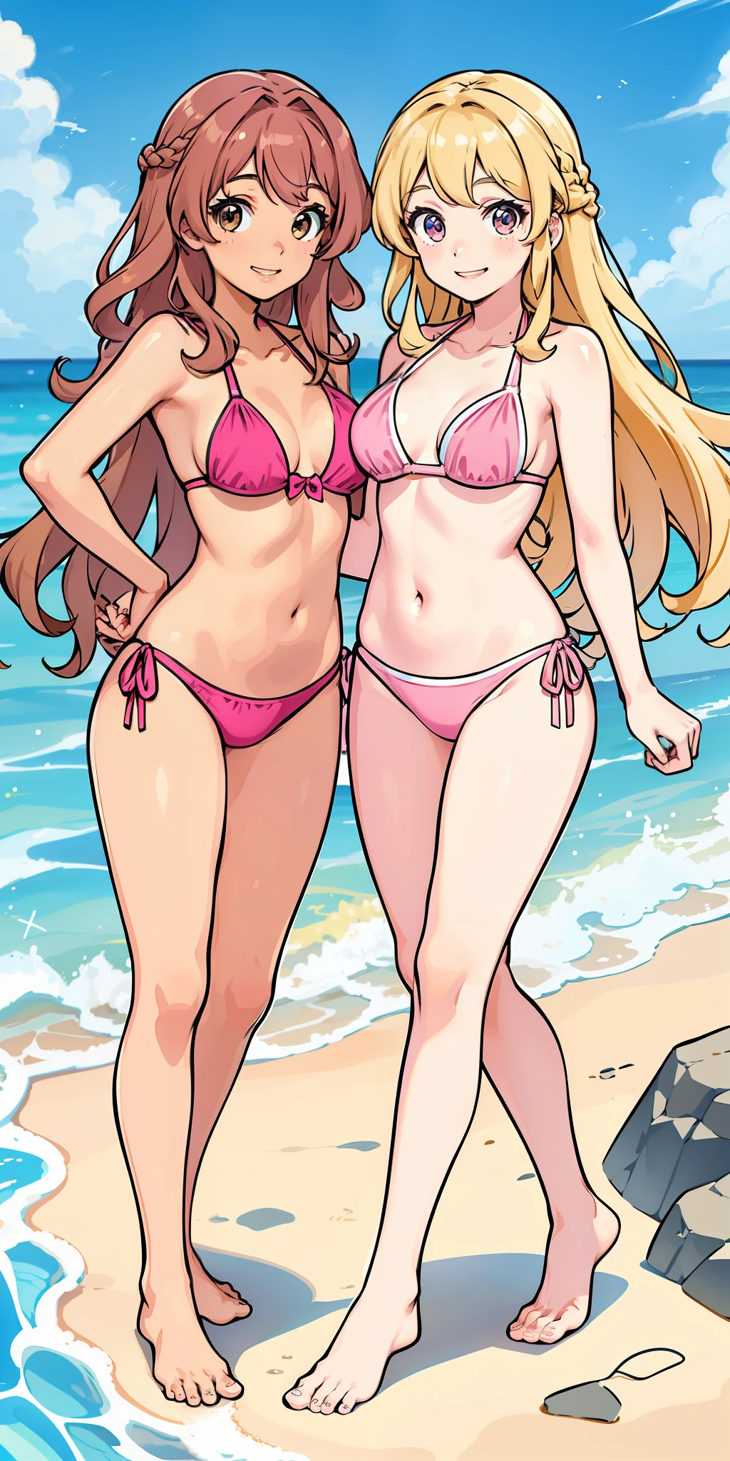 Woman, brown hair, wavy hair, hazel eyes, extremely detailed, smile, pink bikini swimsuit, blue bikini swimsuit, full body shot, matching outfits, identical outfits, twin sisters, blonde hair, different hair colors