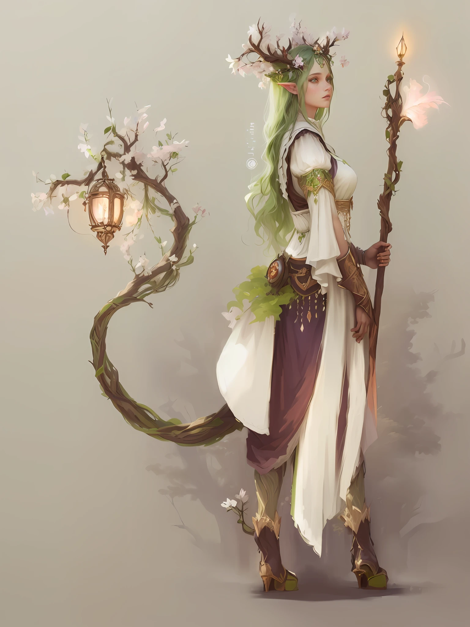 hand drawn sketch illustration of a druid forest girl, symmetrical antlers, Long flowing green hair flying, glowing radiance, beautiful pale makeup, color portrait, stunning portrait, elegant freckles, Dark background of magical night forest, deep woods, towering ruins, starlight skies, A mystical and epic landscape, featuring a fantastical and surreal world of floating islands, giant trees, and mythical creatures, that transport the viewer to a world of imagination and wonder, artstation, digital art, intricate, trending, bright colors suitable for viewing in public places