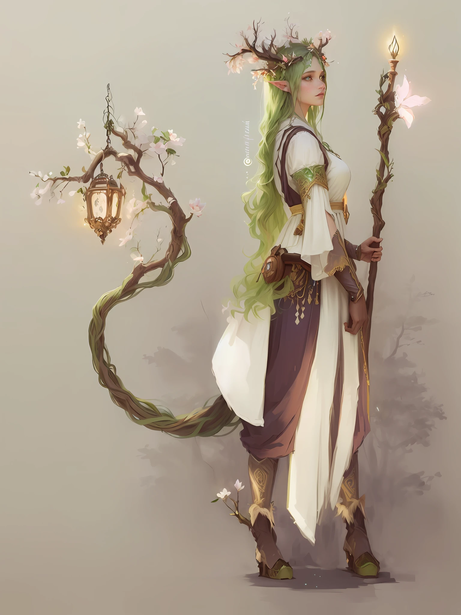 hand drawn sketch illustration of a druid forest girl, symmetrical antlers, Long flowing green hair flying, glowing radiance, beautiful pale makeup, color portrait, stunning portrait, elegant freckles, Dark background of magical night forest, deep woods, towering ruins, starlight skies, A mystical and epic landscape, featuring a fantastical and surreal world of floating islands, giant trees, and mythical creatures, that transport the viewer to a world of imagination and wonder, artstation, digital art, intricate, trending, bright colors suitable for viewing in public places