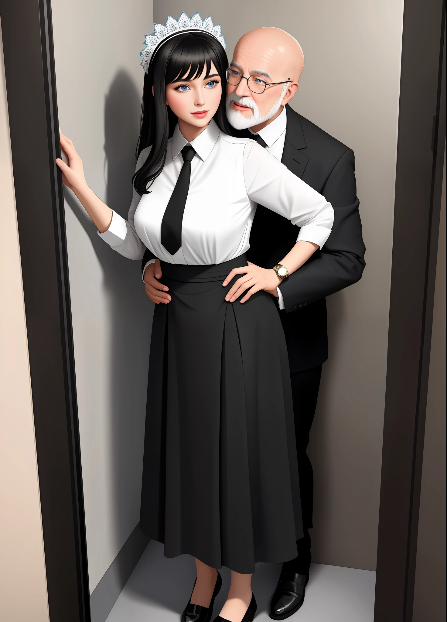 Full body image of two characters standing, a woman in a black maid’s outfit with a black skirt and white stockings with clips on the skirt wearing a maid’s headdress, extremely beautiful, a 90-year-old bald man with very wrinkled skin and long white beard wearing a black suit and tie. He is holding her tightly by the waist from behind ((she has black hair and blue eyes)), her hand is on the wall. They are at the entrance to the bathroom where you can see the shower open with hot water and steam coming out of the door. They are looking at the viewer, she is smiling, he is angry, anime, Realism, UHD, 16k, masterpiece, high details, best quality, anatomically correct, 16k, best quality, high details, masterpiece, UHD