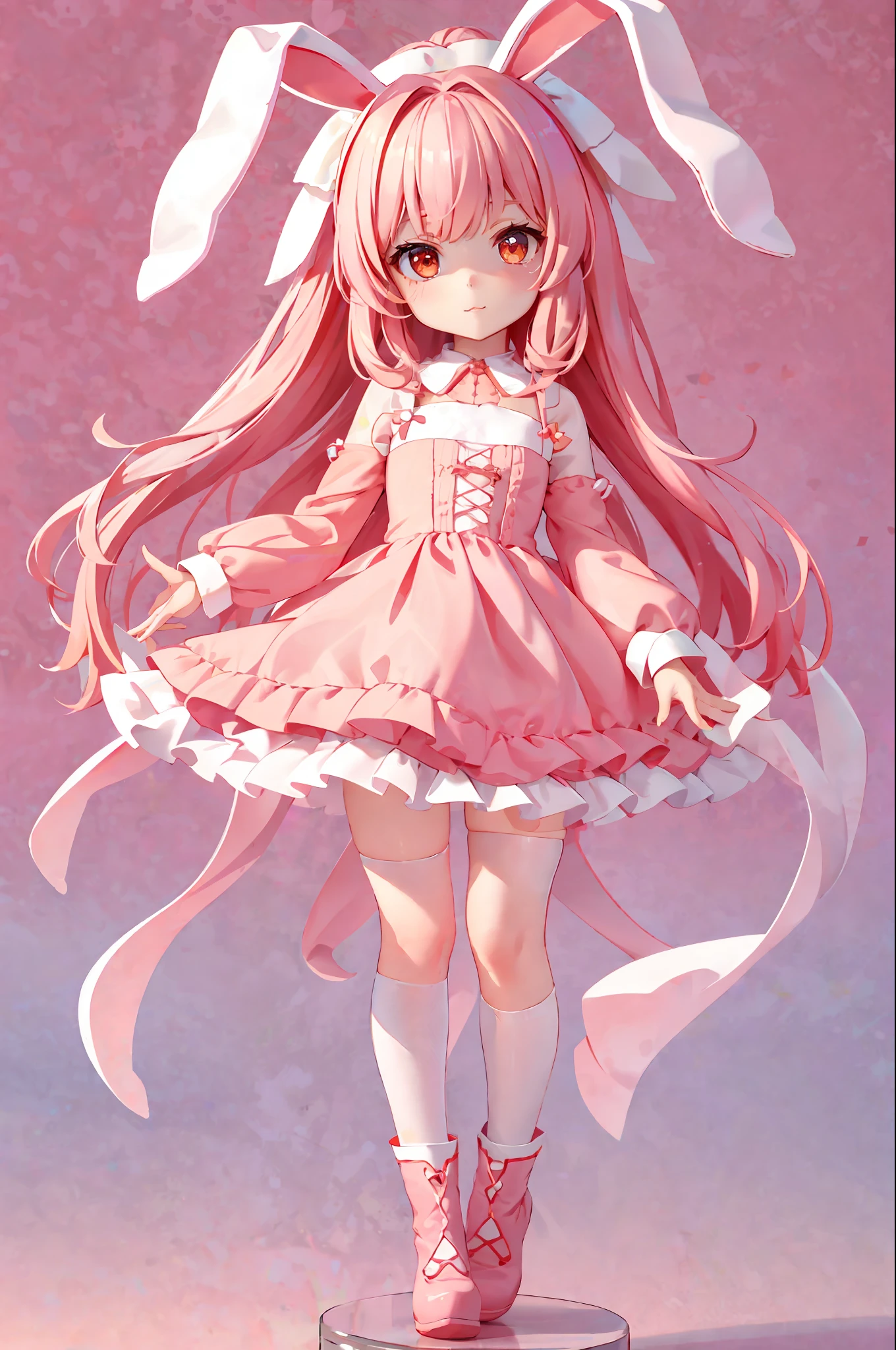 Fresh and cute ultra-detail CG Unity 8K wallpaper, highest quality, extremely high picture definition, ((1girl)) red cheeks are soft and subtle, pull up the dress, wearing rabbit ear thin silk socks, focus on the legs, ankles, pink boots are beautiful, soft cute hair grab shawl makes the girl look more cute.