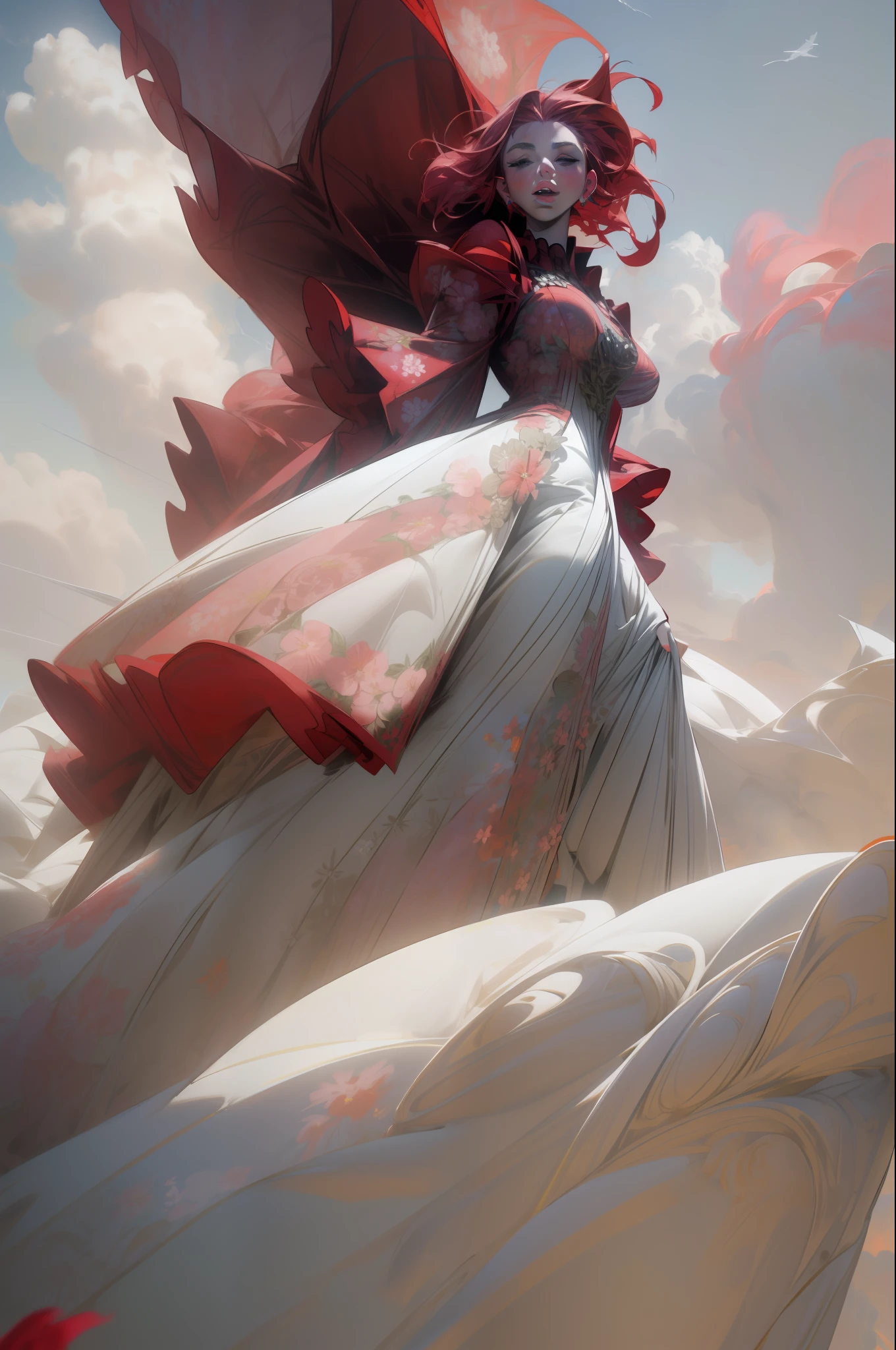 red haired (((scarlett johansson))), wearing a ((magnificent floral ((long dress))) and flying in the sky wifh beautyfull white clouds, high contrast, masterpeace, 8k render