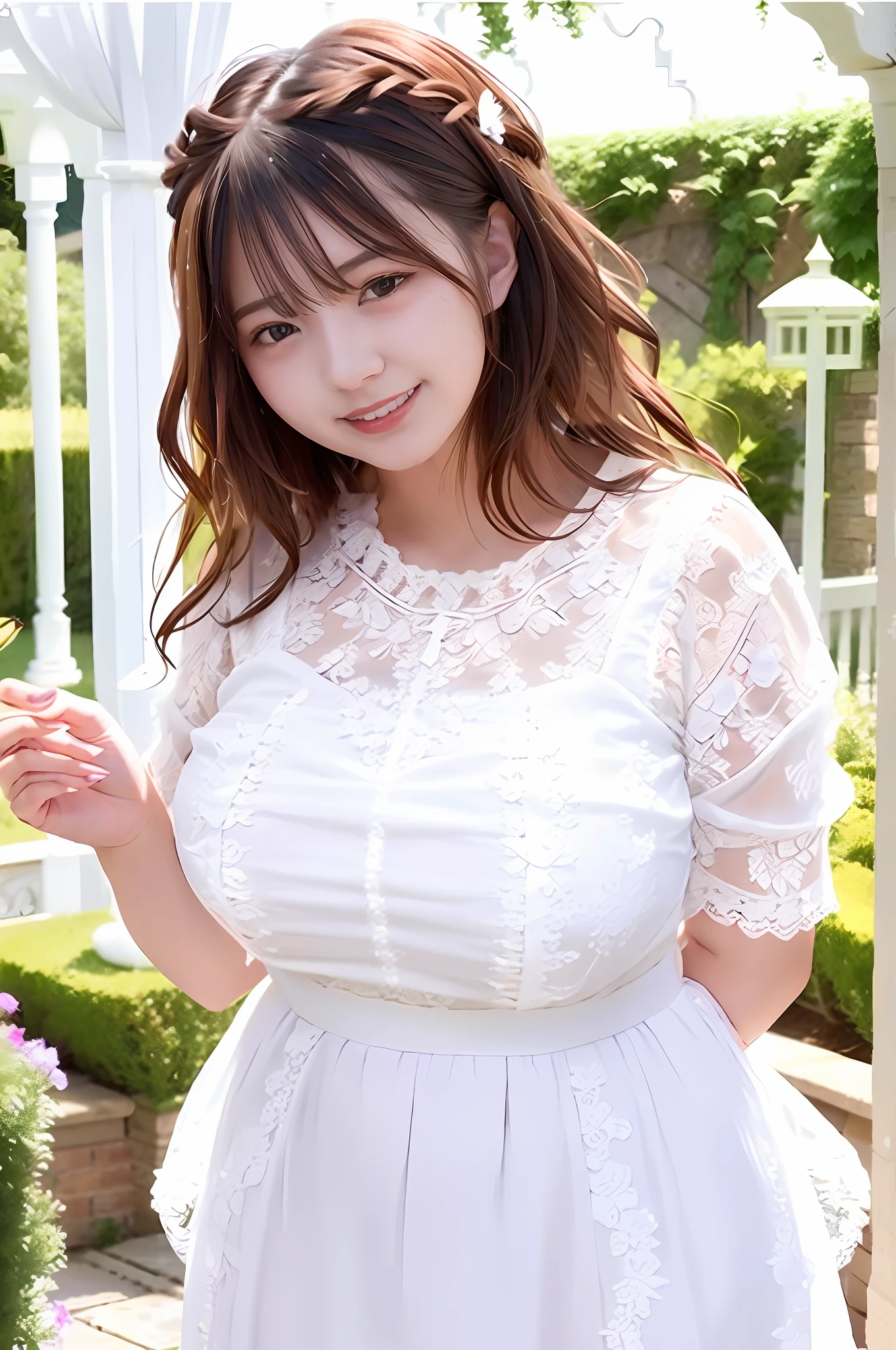 plump body, big breasts, intricate lace prom dress, lace hair ornament, garden wedding