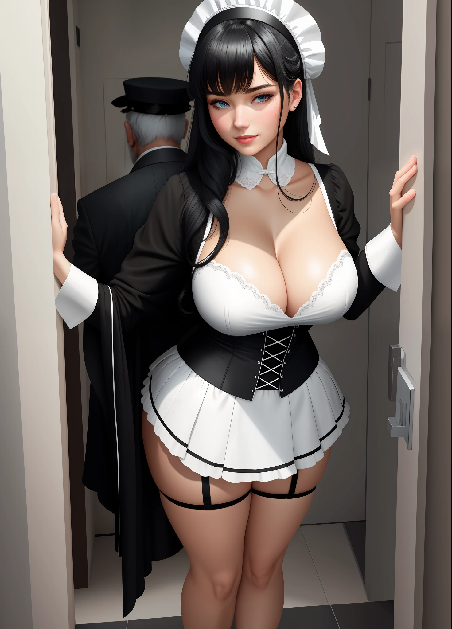Full body image of two characters, standing, a woman, wearing a black maid outfit with a black skirt and white stockings with Garter belts, wearing a maids cap, extremely sexy, with exaggeratingly large breasts and exhibiting her tight-fitting clothes on her body, and an old man of 90 years old with wrinkled skin and a long white beard wearing a black suit and tie, holding her tightly by the waist from behind. ((She has black hair and blue eyes)), with her hand on the wall. They are at the entrance of the bathroom, where you can see the shower open with hot water and steam coming out of the door. They are looking at the viewer, she is smiling, and he is angry, anime, Realism, UHD, 16k, masterpiece, high details, best quality, anatomically correct, 16k, best quality, high details, masterpiece, UHD