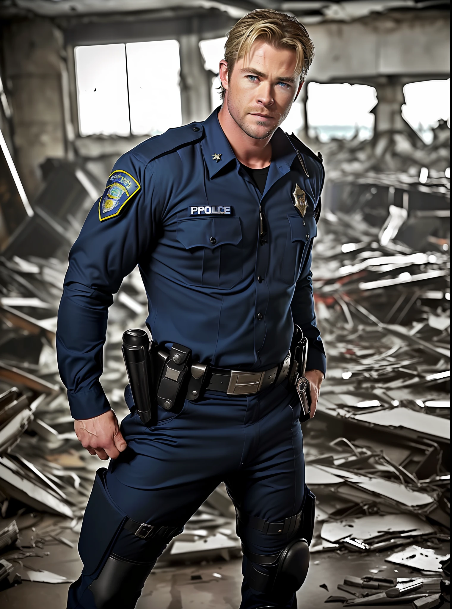 A professional photo of Chris Hemsworth ((in police uniform),( in a wreckage building),(blood,cuts),jacked, masterpiece, best quality, highly detailed, vivid colors, flash lighting, realistic hair, to8contrast style