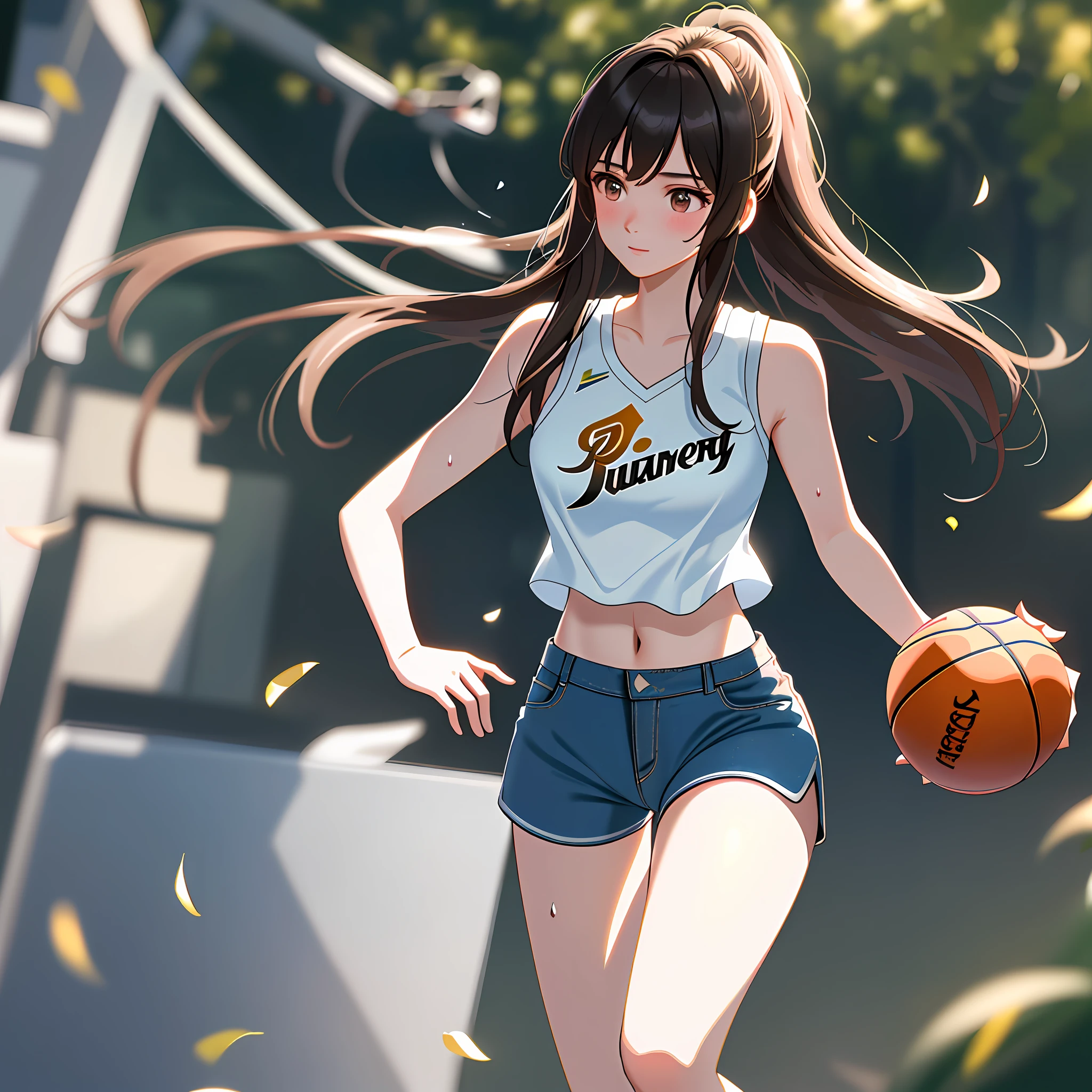 Brunetette, 1 girl, 20 years old, masterpiece: 1.2, best quality), (8k, best quality, masterpiece:1.2), (reality), realistic: 1.37), super detailed, best quality, super high resolution, professional lighting, photon mapping, radioenergy transfer, physically based rendering, cinematic lighting, basketball court, depth of field, clear focus, sunlight, good composition, (bokeh: 1.2) 1 girl, solo, (full body), beautiful detailed eyes, smiley face, pose, narrow waist, medium chest, (sexy transparent tank top - top basketball suit), white sports shorts, white sports t-shirt, brunette hair, messy hair, long hair fluttering in the wind, (ulzzang-6500:1.2), playing basketball, wearing basketball uniform, sweating, young beauty, long legs, nice eyes, middle breasts, sweat-soaked clothes, white basketball suit, basketball uniform top, basketball suit shorts, basketball shoes, brunette hair, bangs, faint smile, shyness, blush, sheer, minimalism, anime, backlight, backlight, backlight, ray tracing, f/1.8, 85mm, canon, denim shoot, denim shoot, denim shoot, 8k, super detail, UHD, retina, masterpiece, ccurate, 8k, best quality, high resolution, high quality, high detail, super detail, textured skin, masterpiece, UHD, ccurate