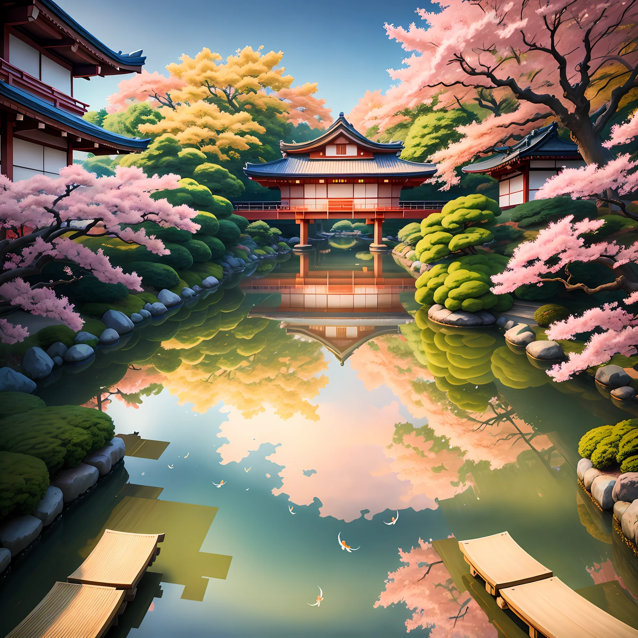 (digital painting),(best quality), serene Japanese garden, cherry blossoms in full bloom, koi pond, footbridge, pagoda, Ukiyo-e art style, Hokusai inspiration, Deviant Art popular, 8k ultra-realistic, pastel color scheme, soft lighting, golden hour, tranquil atmosphere, landscape orientation