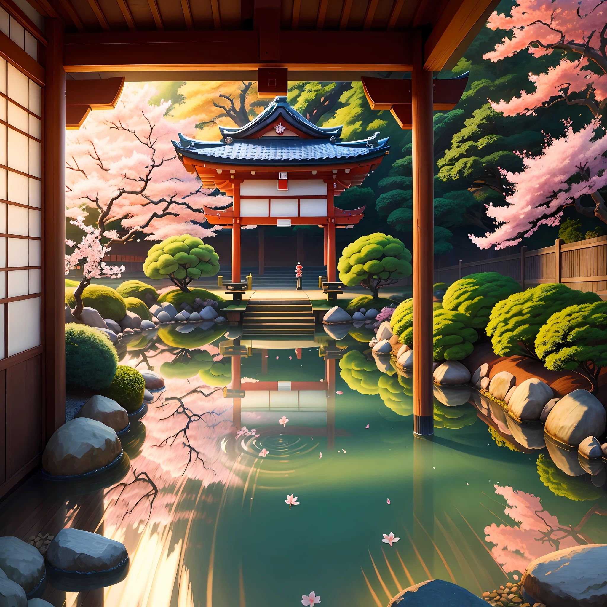 (digital painting),(best quality), serene Japanese garden, cherry blossoms in full bloom, koi pond, footbridge, pagoda, Ukiyo-e art style, Hokusai inspiration, Deviant Art popular, 8k ultra-realistic, pastel color scheme, soft lighting, golden hour, tranquil atmosphere, landscape orientation