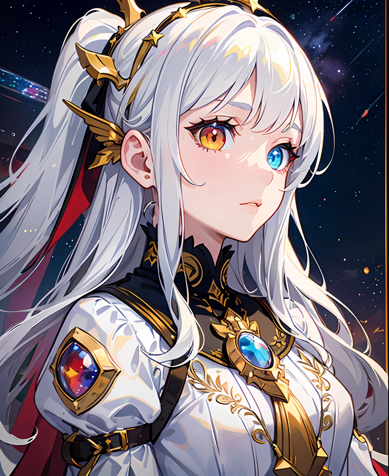 (masterpiece), (best artist), (heterochrome:red and yellow), (coloured eyes), (1girl), (extremely detailed CG unit 8k wallpaper), (detailed eyes), a girl with (white) hair, fair skin, wearing a star guardian uniform, against a backdrop of beautiful well-drawn galaxy, each iris displaying a unique and enchanting colour combination, highlighting the mesmerizing beauty of her heterochromatic eyes amidst the vastness of space.