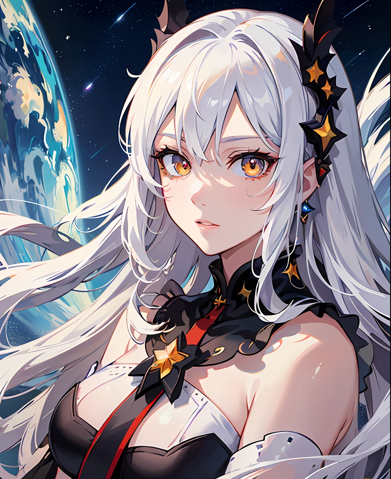 (masterpiece), (best artist), (heterochrome:red and yellow), (coloured eyes), (1girl), (extremely detailed CG unit 8k wallpaper), (detailed eyes), a girl with (white) hair, fair skin, wearing a star guardian uniform, against a backdrop of beautiful well-drawn galaxy, each iris displaying a unique and enchanting colour combination, highlighting the mesmerizing beauty of her heterochromatic eyes amidst the vastness of space.