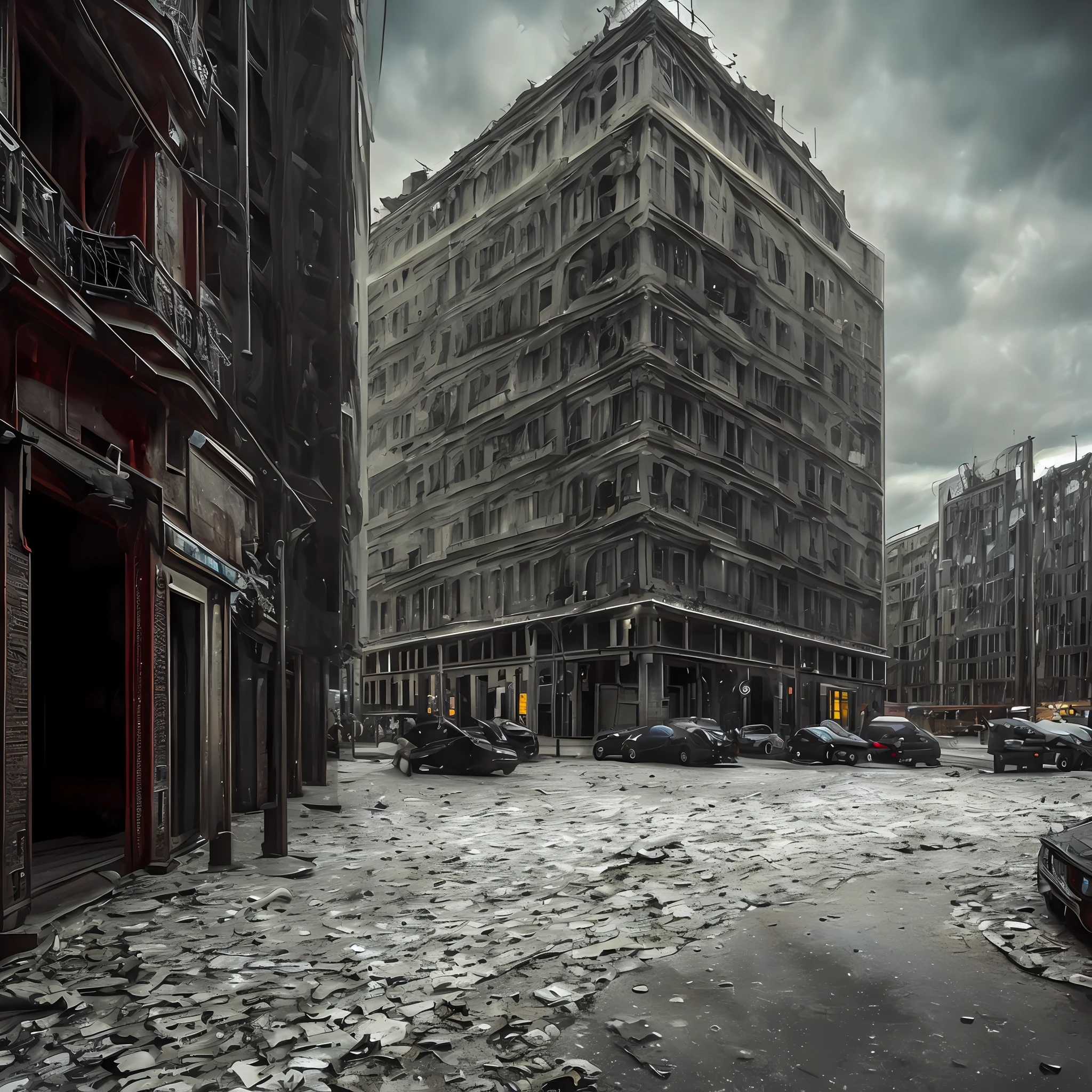 (a dark and chaotic city),abandoned city full of shadows,dark streets, gloomy weather, ultra detail, cinematic photography, dark photo, realistic photo, professional lighting