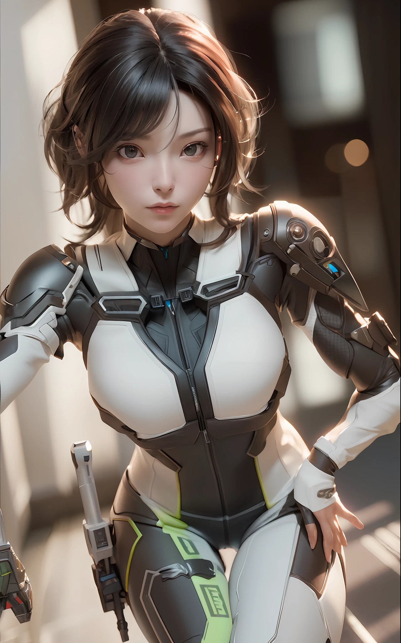((Best Quality)), (Masterpiece)), (Details: 1.4), 3D, Beautiful Cyberpunk Woman Image, Brown Hair, Brown Eyes, Dynamic Pose, Dynamic Angle, HDR (High Dynamic Range), Ray Tracing, NVIDIA RTX, Super Resolution, Unreal 5, Subsurface Scattering, PBR Texturing, Post-Processing, Anisotropic Filtering, Depth of Field, Maximum Clarity and Sharpness, Multilayer Textures, Albedo and Specular Maps, Surface Shading, Accurate Simulation of Light-Material Interactions, Perfect Proportions, Octane Rendering, Two-Tone Lighting, Wide Aperture, Low ISO, White Balance, Rule of Thirds, 8K RAW,