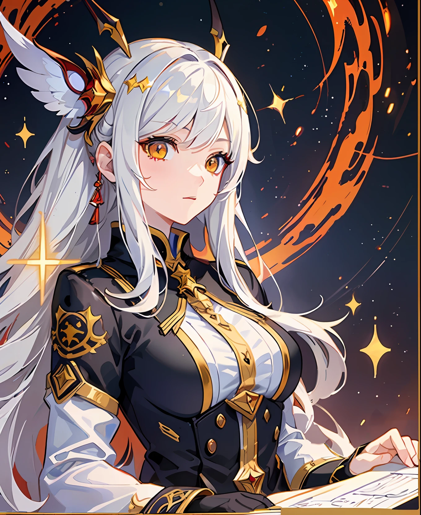 (masterpiece), (best artist), (heterochrome:red and yellow), (coloured eyes), (1girl), (extremely detailed CG unit 8k wallpaper), (detailed eyes), a girl with (white) hair, fair skin, wearing a star guardian uniform, in a beautifully drawn galaxy background