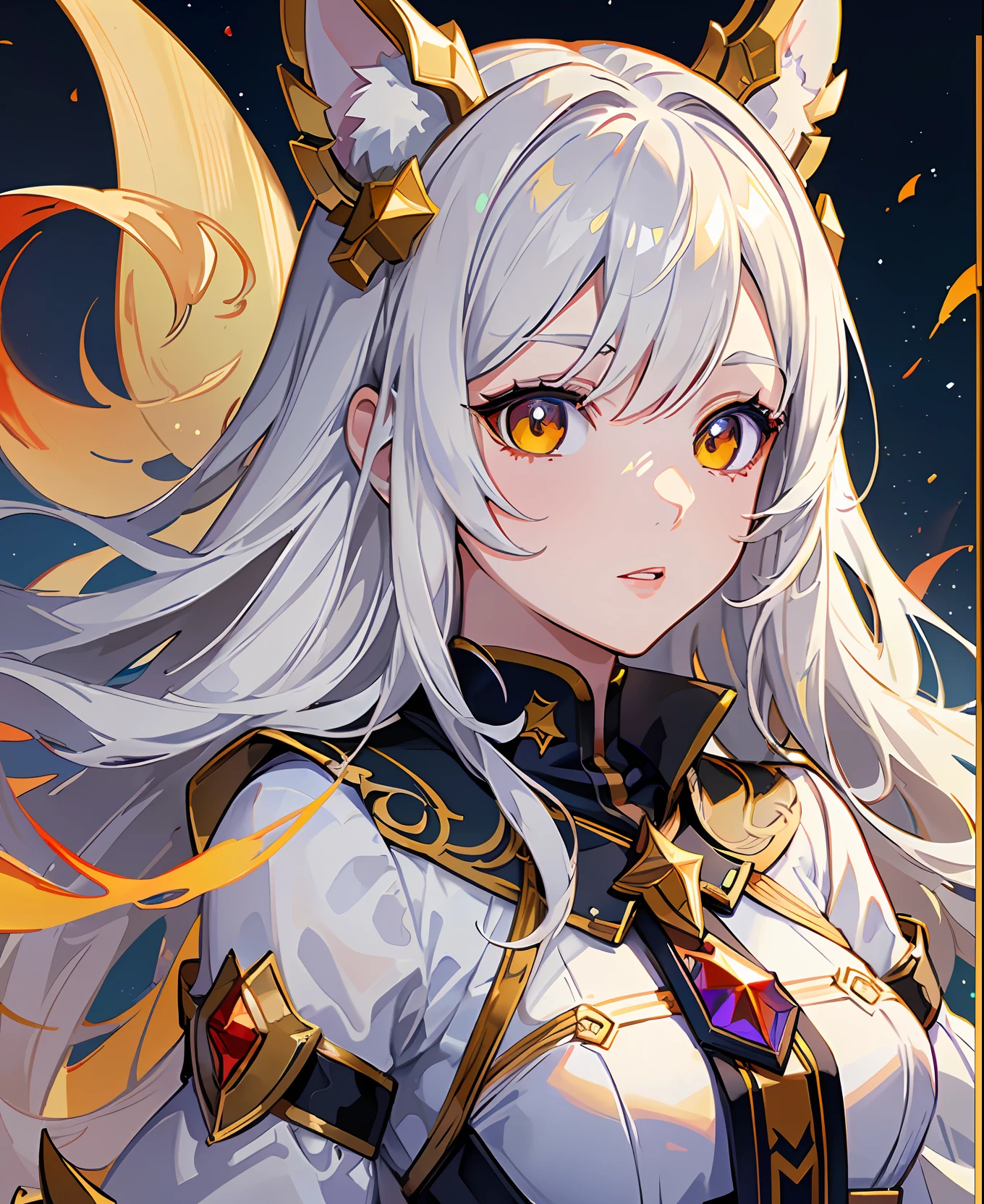 (masterpiece), (best artist), (heterochrome:red and yellow), (coloured eyes), (1girl), (extremely detailed CG unit 8k wallpaper), (detailed eyes), a girl with (white) hair, fair skin, wearing a star guardian uniform, in a beautifully drawn galaxy background