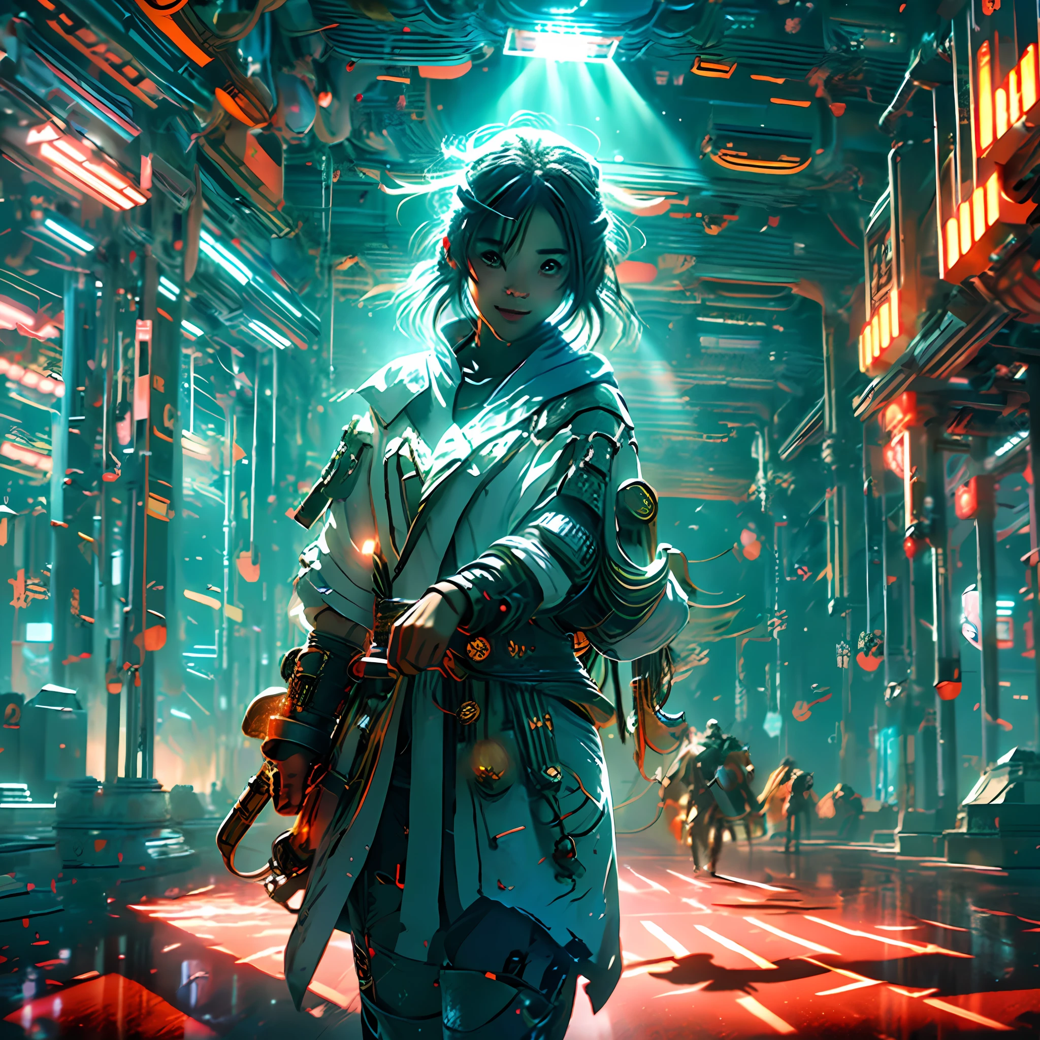 professional cinematic photo of a girl wandering in a hall, smiling, detailed face, ultimate shadow depth, busy setting, luminism, ultra bioluminescence, god rays, warm colors, high contrast, high focus, best Form shadows, best Shadow receiving bounced light, best Core shadows, best Cast shadows, best Occlusion shadows, ultra intricate shadow-light play,