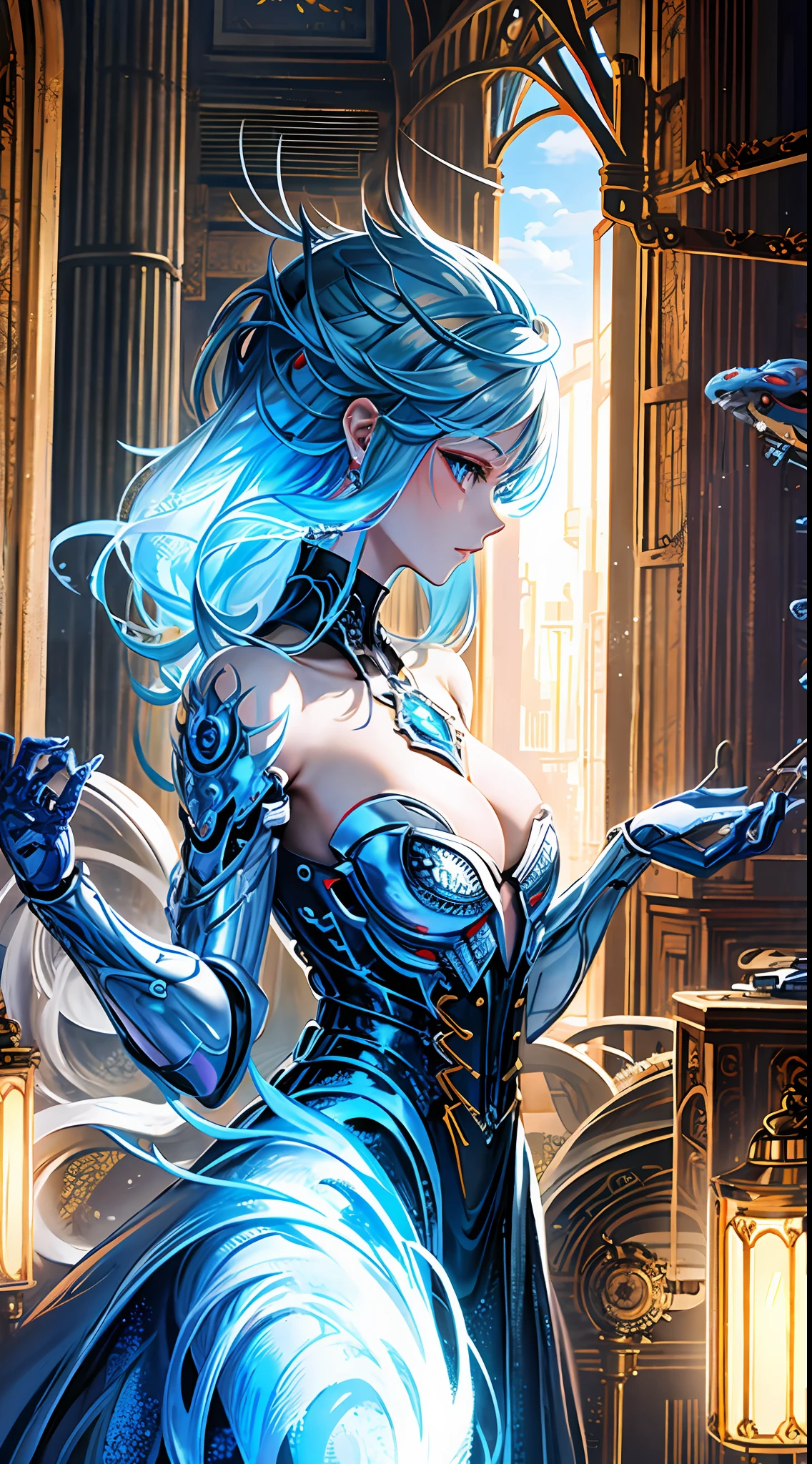 ahri The painting shows the head of a beautiful woman, but below it is a piece of mechanical structure. The steel structure is densely covered with various mechanical equipment, the robotic arm has a strong sense of grip and touch, and the metal plate around the eye is divided into several independent parts, which perfectly writes the complex wiring of the machine. This painting is like a door to time and space, as earth and sky, creatures and machines, man and machine merge in a perfect entanglement