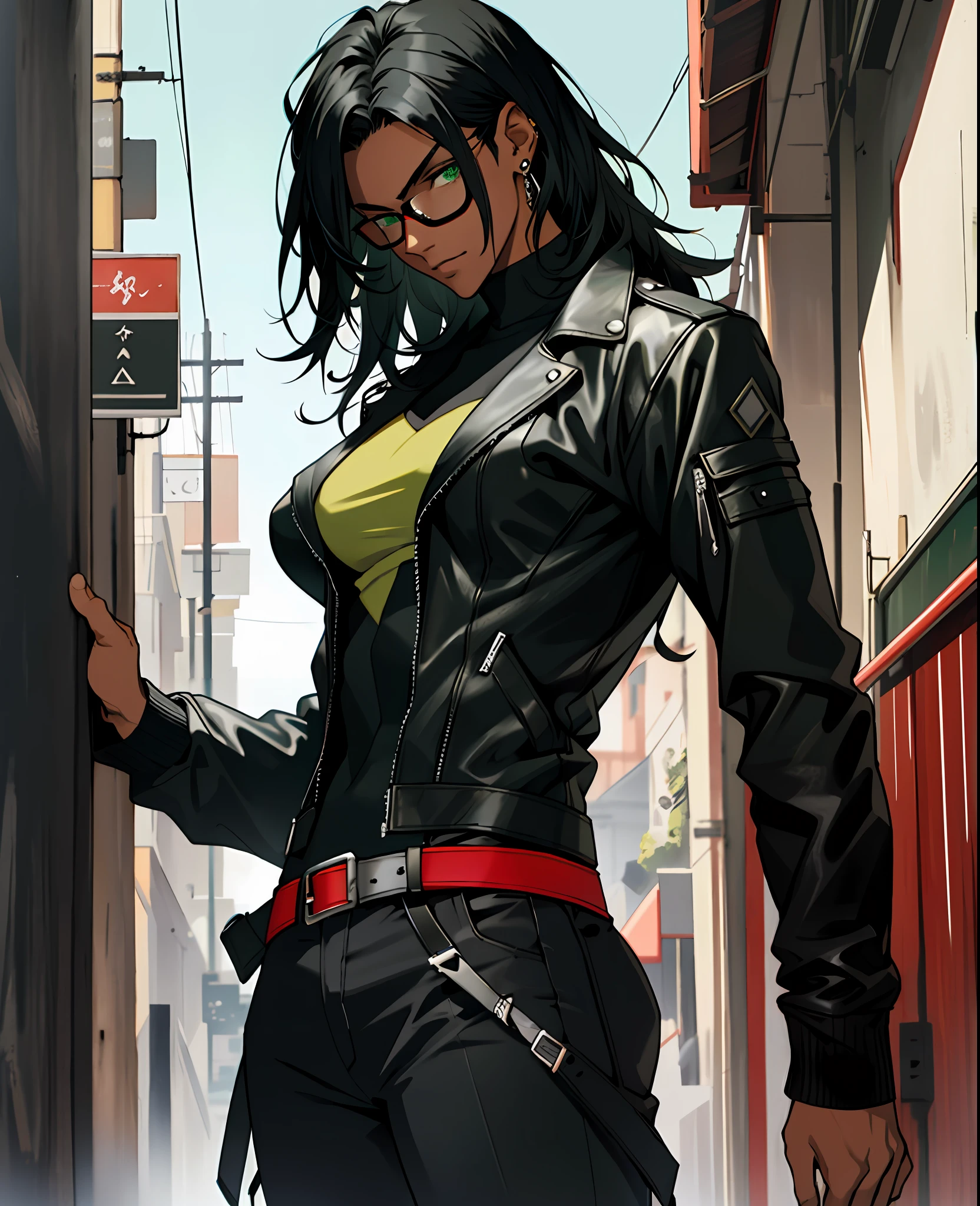 woman, short hair, red glasses, black suit, BLACK hair, cross earring, green eyes, baynetta, sexy, big breasts, along with Tall man, dark skin, beautiful, leather jacket, strong, long hair, black hair, dark skin, alone, detailed green eyes, posture would be