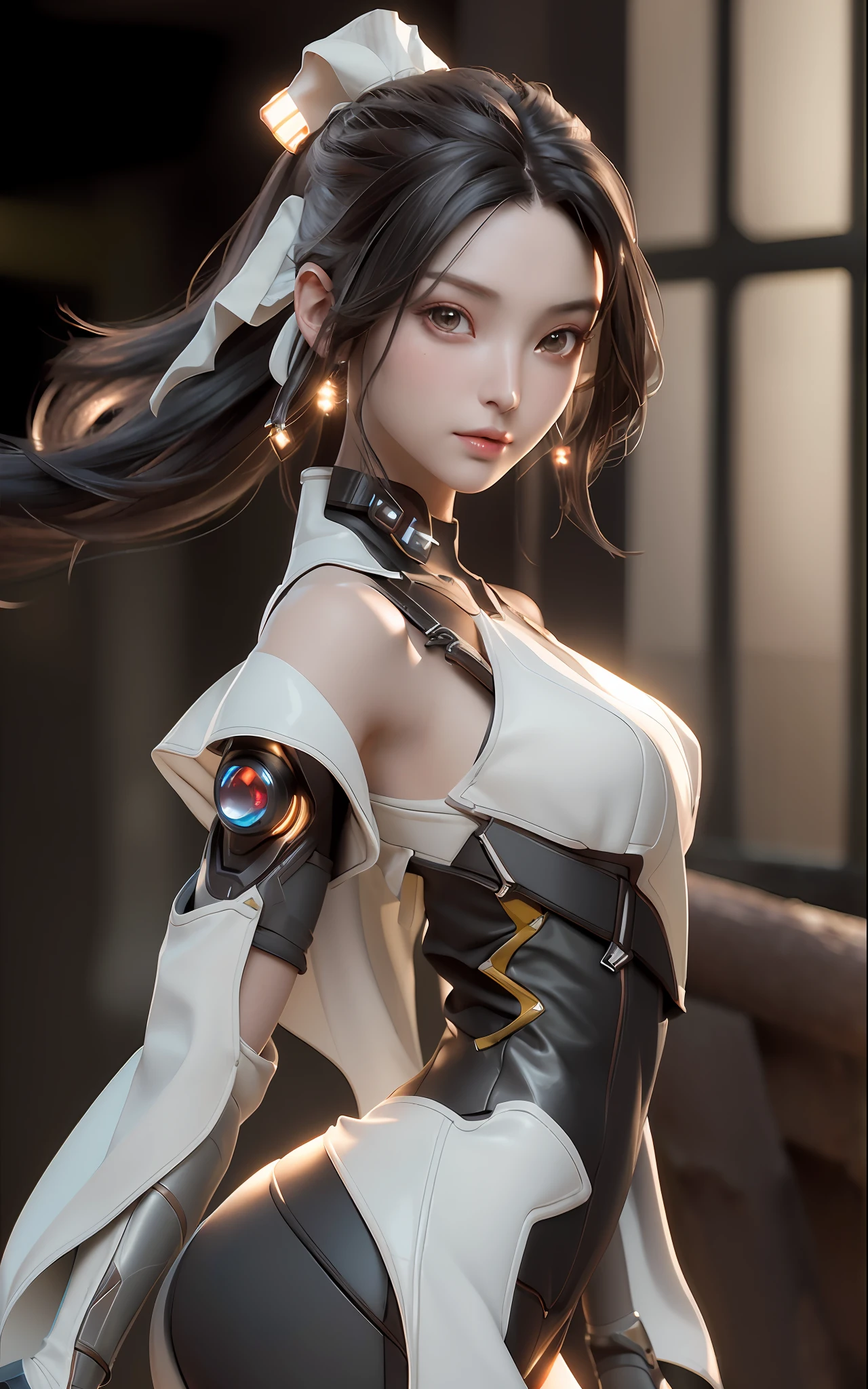 ((Best Quality)), (Masterpiece)), (Details: 1.4), 3D, Beautiful Cyberpunk Woman Image, Brown Hair, Brown Eyes, Dynamic Pose, Dynamic Angle, HDR (High Dynamic Range), Ray Tracing, NVIDIA RTX, Super Resolution, Unreal 5, Subsurface Scattering, PBR Texturing, Post-Processing, Anisotropic Filtering, Depth of Field, Maximum Clarity and Sharpness, Multilayer Textures, Albedo and Specular Maps, Surface Shading, Accurate Simulation of Light-Material Interactions, Perfect Proportions, Octane Rendering, Two-Tone Lighting, Wide Aperture, Low ISO, White Balance, Rule of Thirds, 8K RAW,