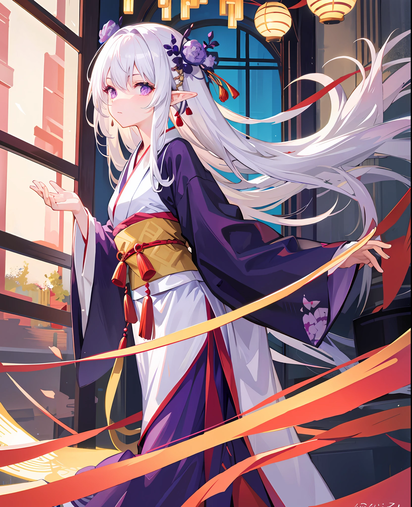 White hair
Elf ear
Long
Short kimono
Purple eyes