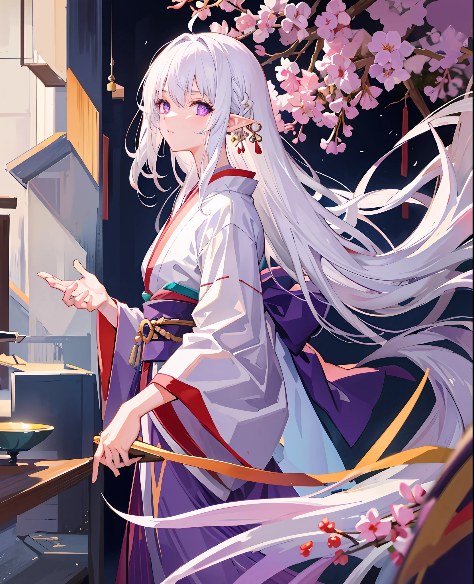 White hair
Elf ear
Long
Short kimono
Purple eyes