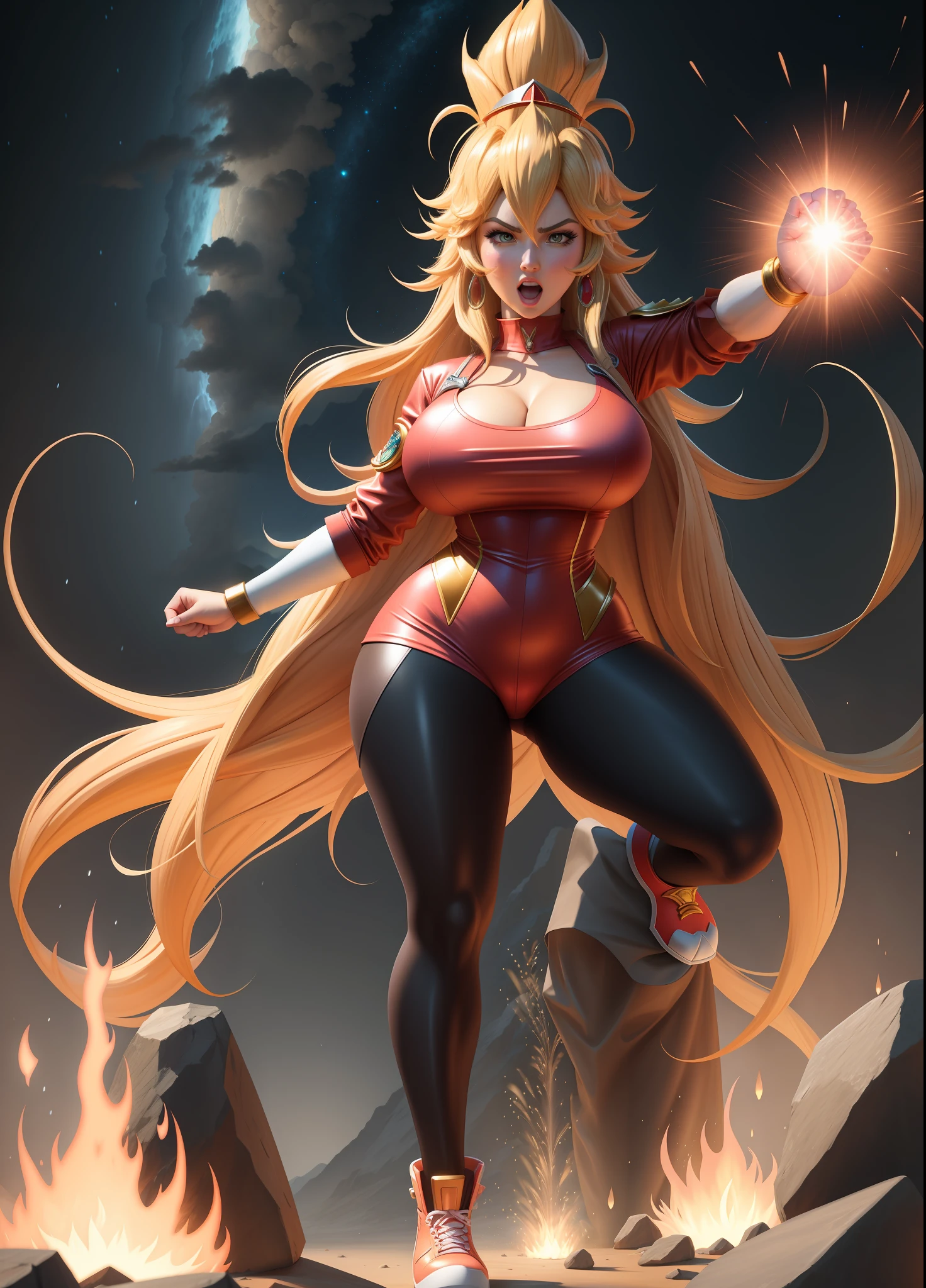 Full body image of 1 full body character, Princess Peach as Super Saiyan with Gogeta’s outfit from Dragon Ball Super, large breasts, extremely tight clothing on the body, closed hand, fists up, looking at the viewer, front view, concentrated, expression of fury, screaming, front body view, concentrating magical energy around her body in a furious way. She is on top of a mountain with heavy rain, her clothes are soaked and transparent and her hair is all wet., angry, anime, 16k, UHD, masterpiece, best quality, award winning, high quality, highres,Unreal Engine 5, anime, Realism, UHD, 16k, masterpiece, high details, best quality, anatomically correct, 16k, best quality, high details, masterpiece, UHD