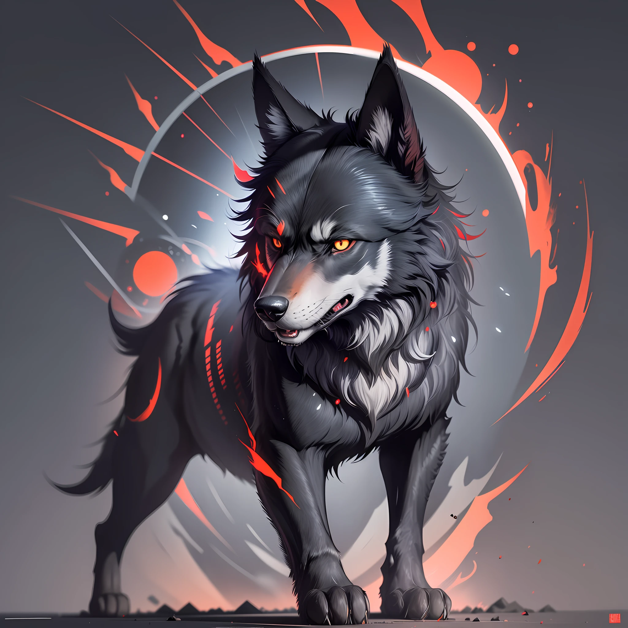 Black wolf, with light red dot on top of head, anime dash (Jujutso Kaisen), no duplicates, looking angrily