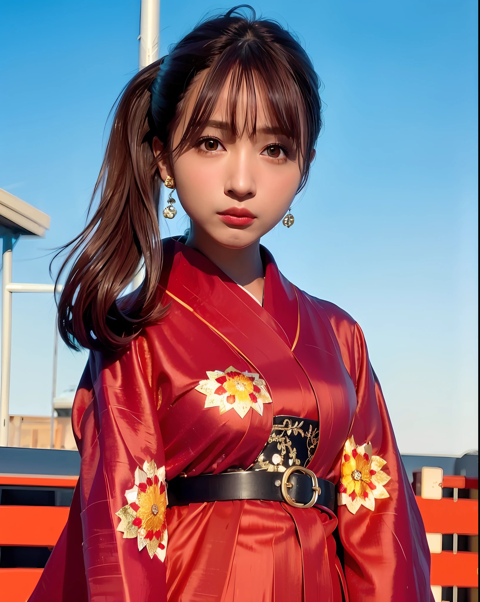 best quality, photorealistic, 8k, high res, 1girl, woman, (skindentation), (professional lighting), (portrait:0.6), (red kimono dress:2), gorgeous, ((black hair)), (medium hair:1.4), (floating hair:1.6), (1girl eyes looking at viewer:1.5), ((looking at viewer:1.6)), (looking at the camera), photorealistic, (bokeh), (portait:0.6), (dynamic pose:1.2), masterpiece, intricate, realistic, sharp focus, award-winning photograph, sfw, (smile:1),