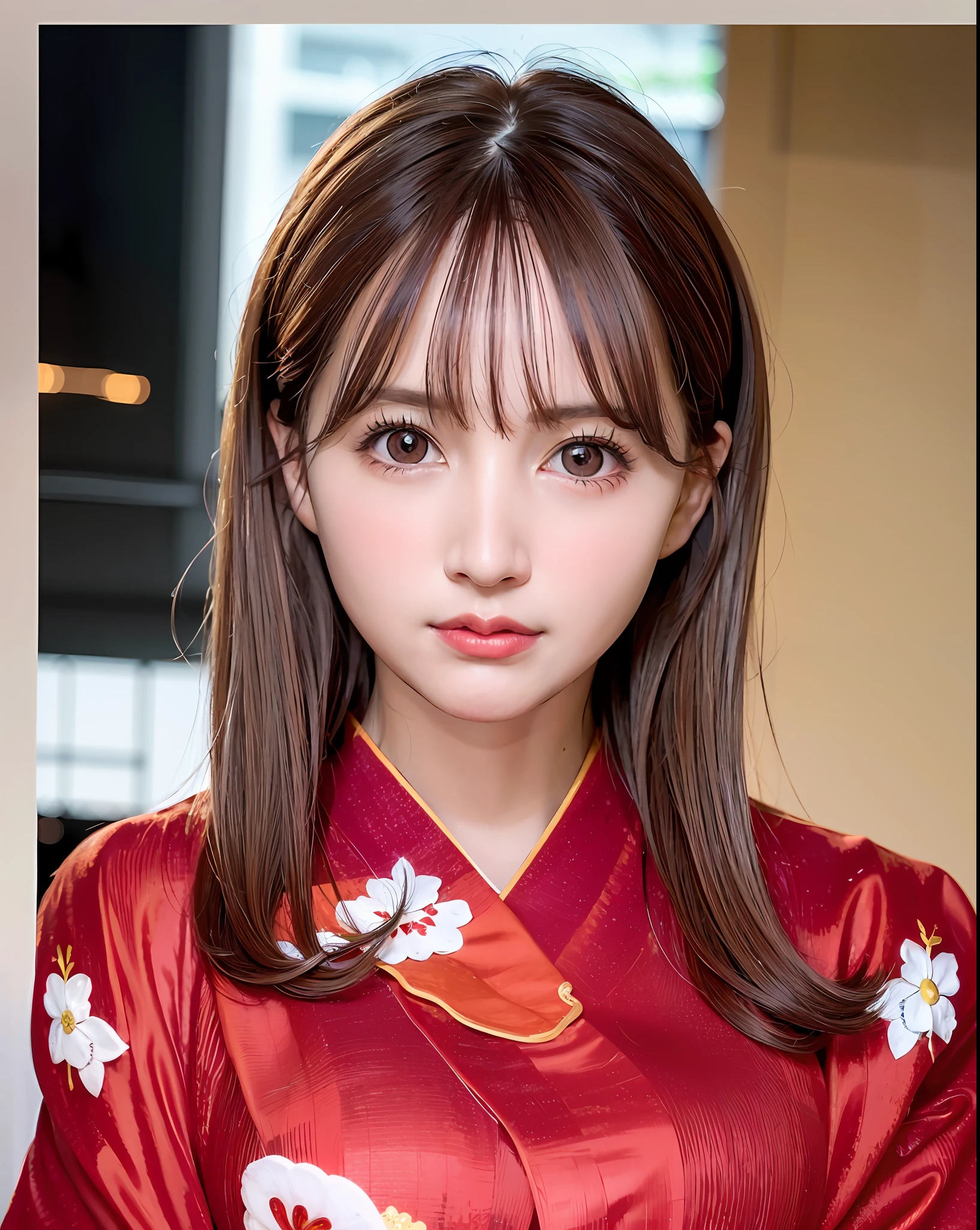 best quality, photorealistic, 8k, high res, 1girl, woman, (skindentation), (professional lighting), (portrait:0.6), (red kimono dress:2), gorgeous, ((black hair)), (medium hair:1.4), (floating hair:1.6), (1girl eyes looking at viewer:1.5), ((looking at viewer:1.6)), (looking at the camera), photorealistic, (bokeh), (portait:0.6), (dynamic pose:1.2), masterpiece, intricate, realistic, sharp focus, award-winning photograph, sfw, (smile:1),